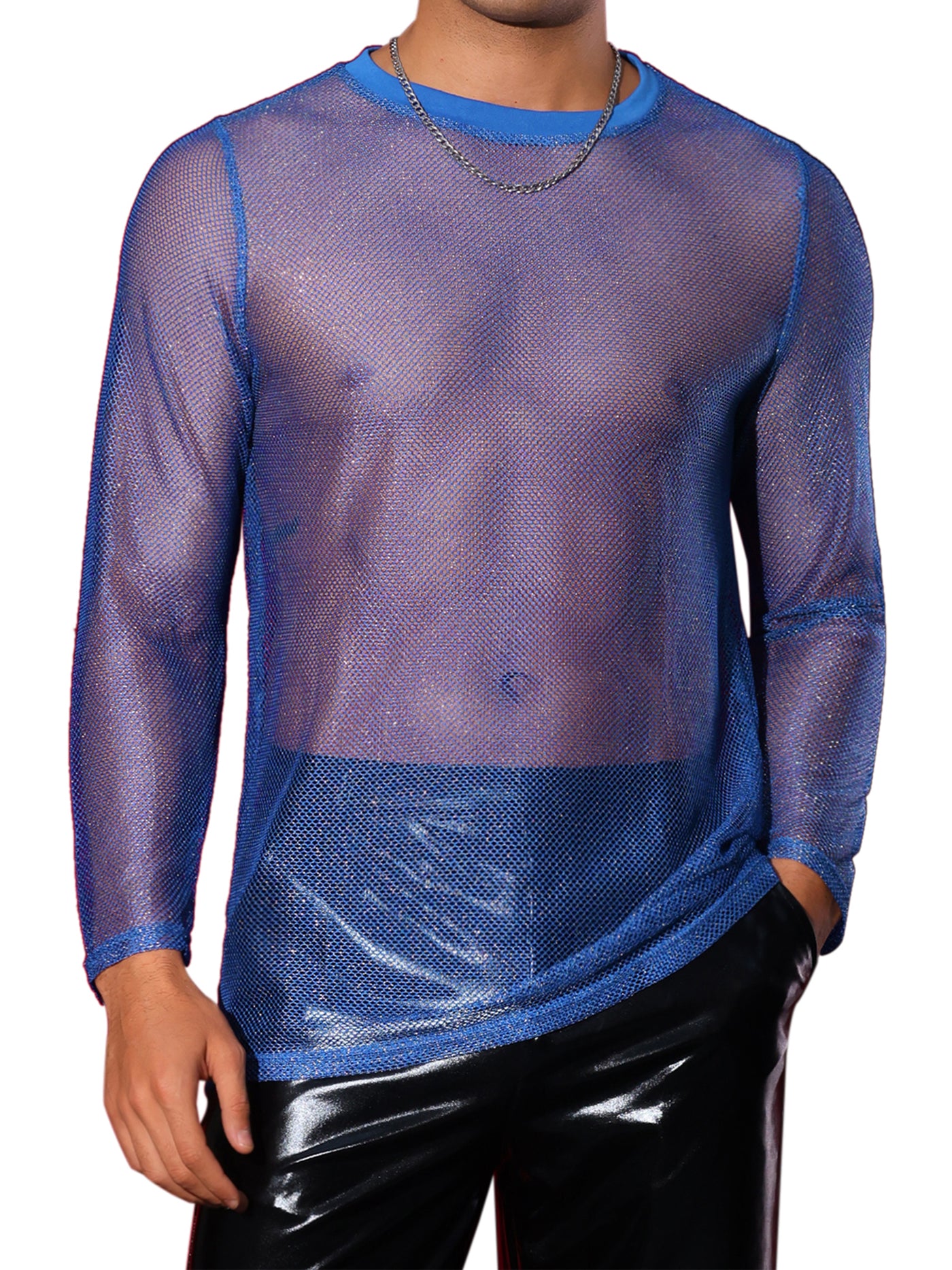 Bublédon Glitter Mesh T Shirt for Men's See Through Long Sleeve Clubwear Party Sparkly T-shirt