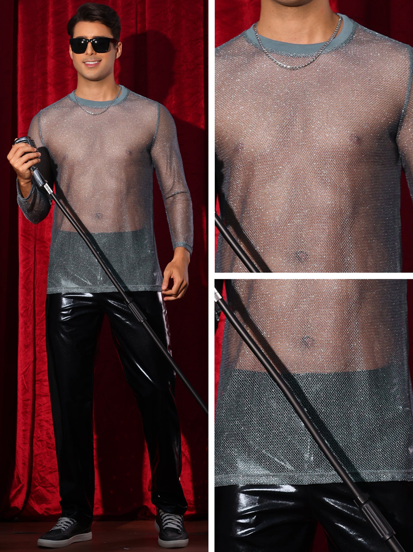 Bublédon Glitter Mesh T Shirt for Men's See Through Long Sleeve Clubwear Party Sparkly T-shirt