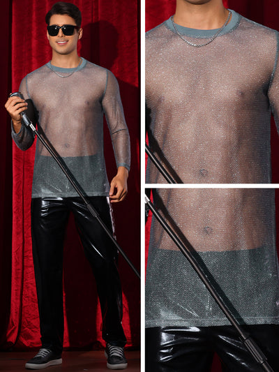 Glitter Mesh T Shirt for Men's See Through Long Sleeve Clubwear Party Sparkly T-shirt