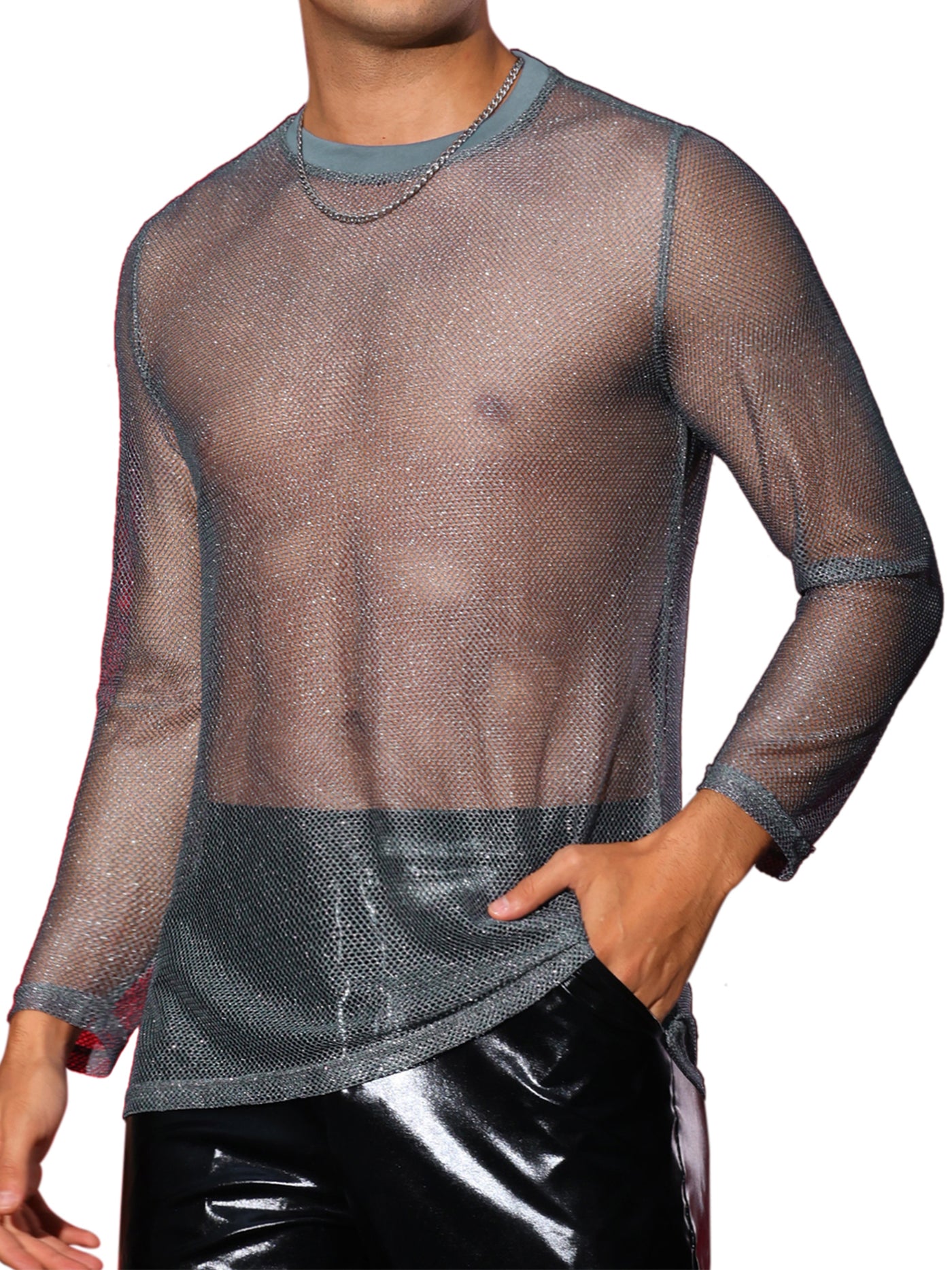 Bublédon Glitter Mesh T Shirt for Men's See Through Long Sleeve Clubwear Party Sparkly T-shirt