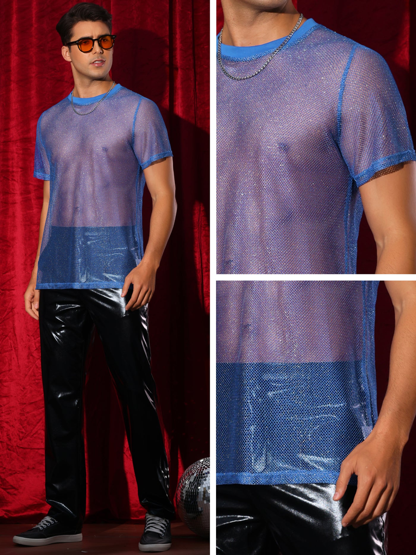 Bublédon Glitter Mesh Sheer T Shirt for Men's Round Neck Short Sleeve Shiny See Through Party Tee Tops