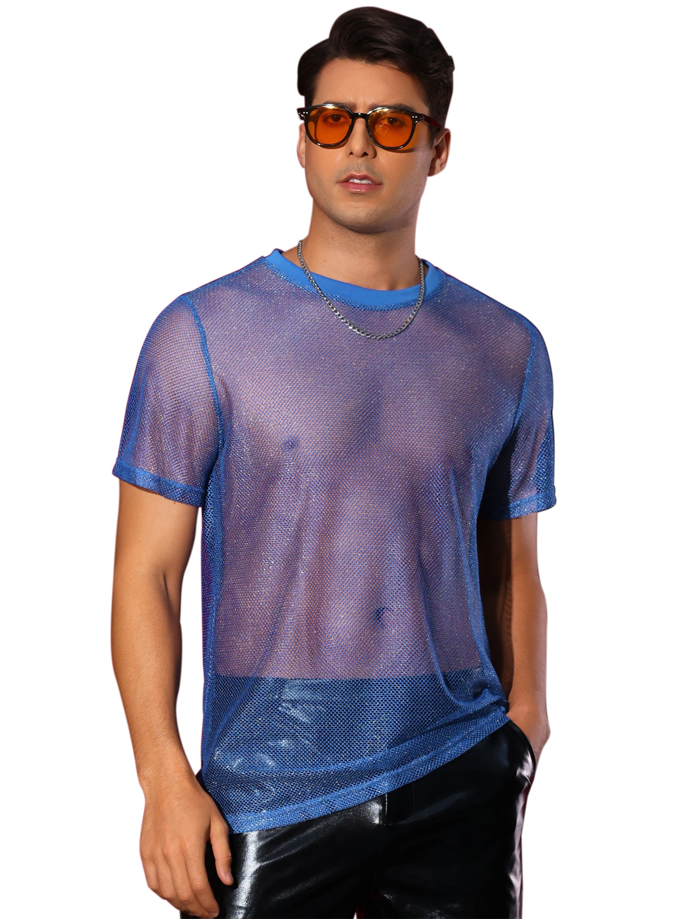 Bublédon Glitter Mesh Sheer T Shirt for Men's Round Neck Short Sleeve Shiny See Through Party Tee Tops