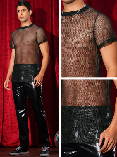 Glitter Mesh Sheer T Shirt for Men's Round Neck Short Sleeve Shiny See Through Party Tee Tops