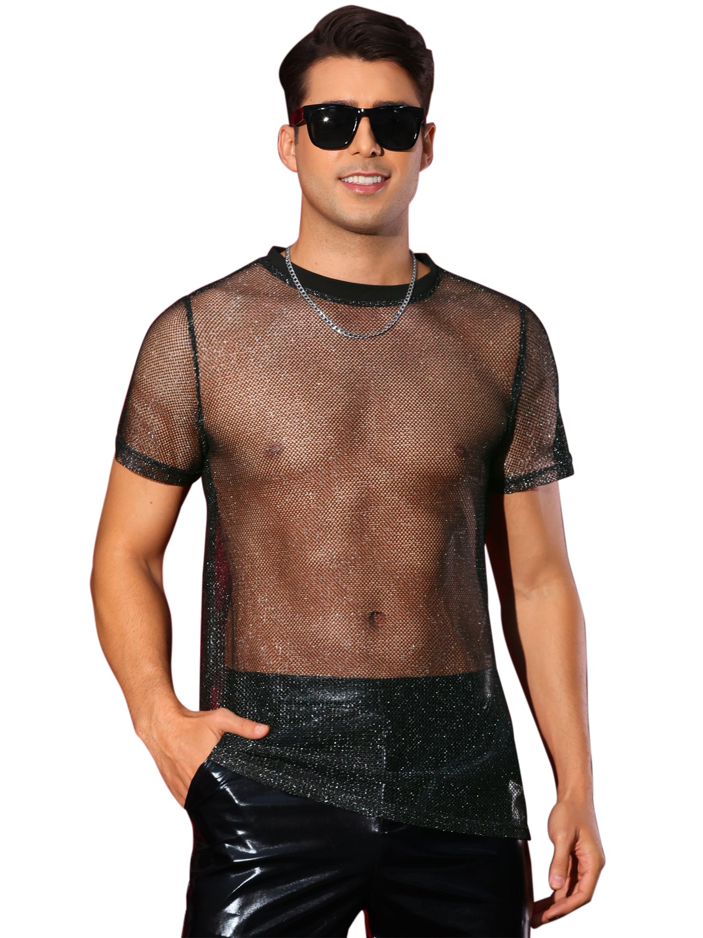 Bublédon Glitter Mesh Sheer T Shirt for Men's Round Neck Short Sleeve Shiny See Through Party Tee Tops