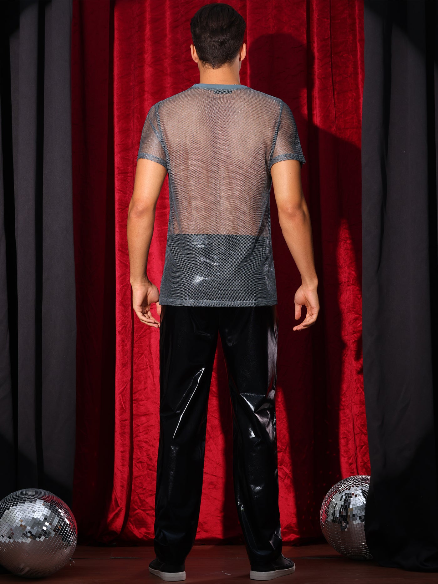 Bublédon Glitter Mesh Sheer T Shirt for Men's Round Neck Short Sleeve Shiny See Through Party Tee Tops