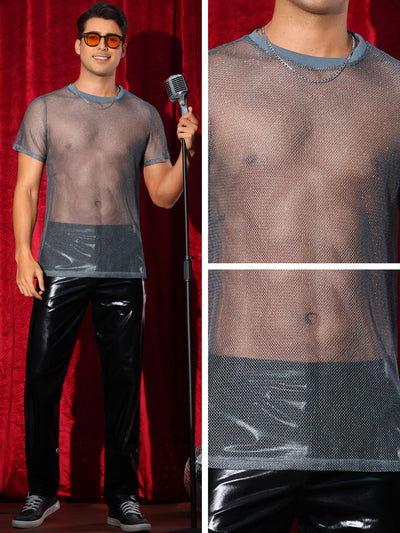 Glitter Mesh Sheer T Shirt for Men's Round Neck Short Sleeve Shiny See Through Party Tee Tops