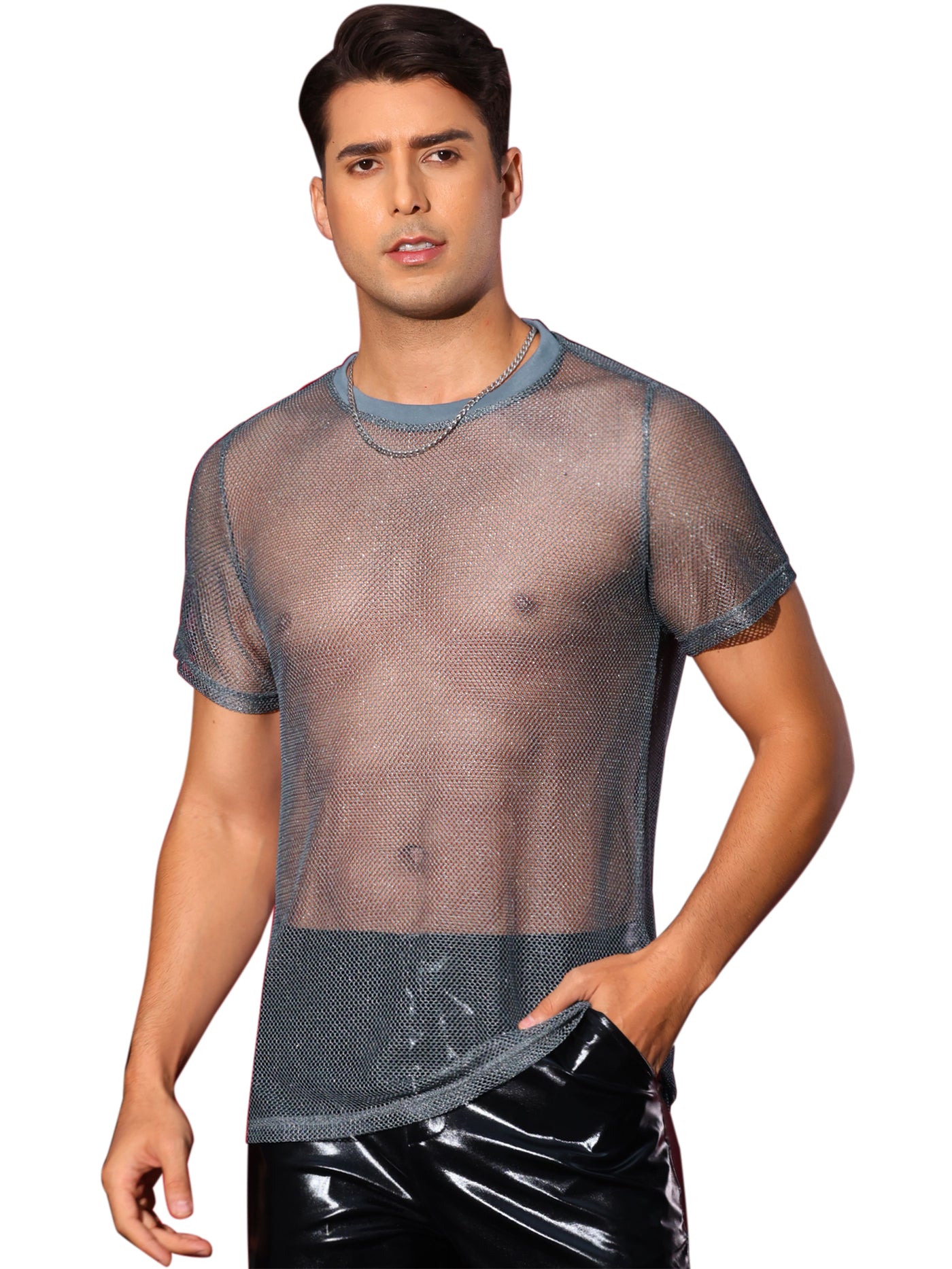 Bublédon Glitter Mesh Sheer T Shirt for Men's Round Neck Short Sleeve Shiny See Through Party Tee Tops