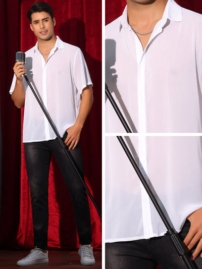 Sheer Shirt for Men's Short Sleeve See Through Tops Button Down Point Collar Clubwear Shirts