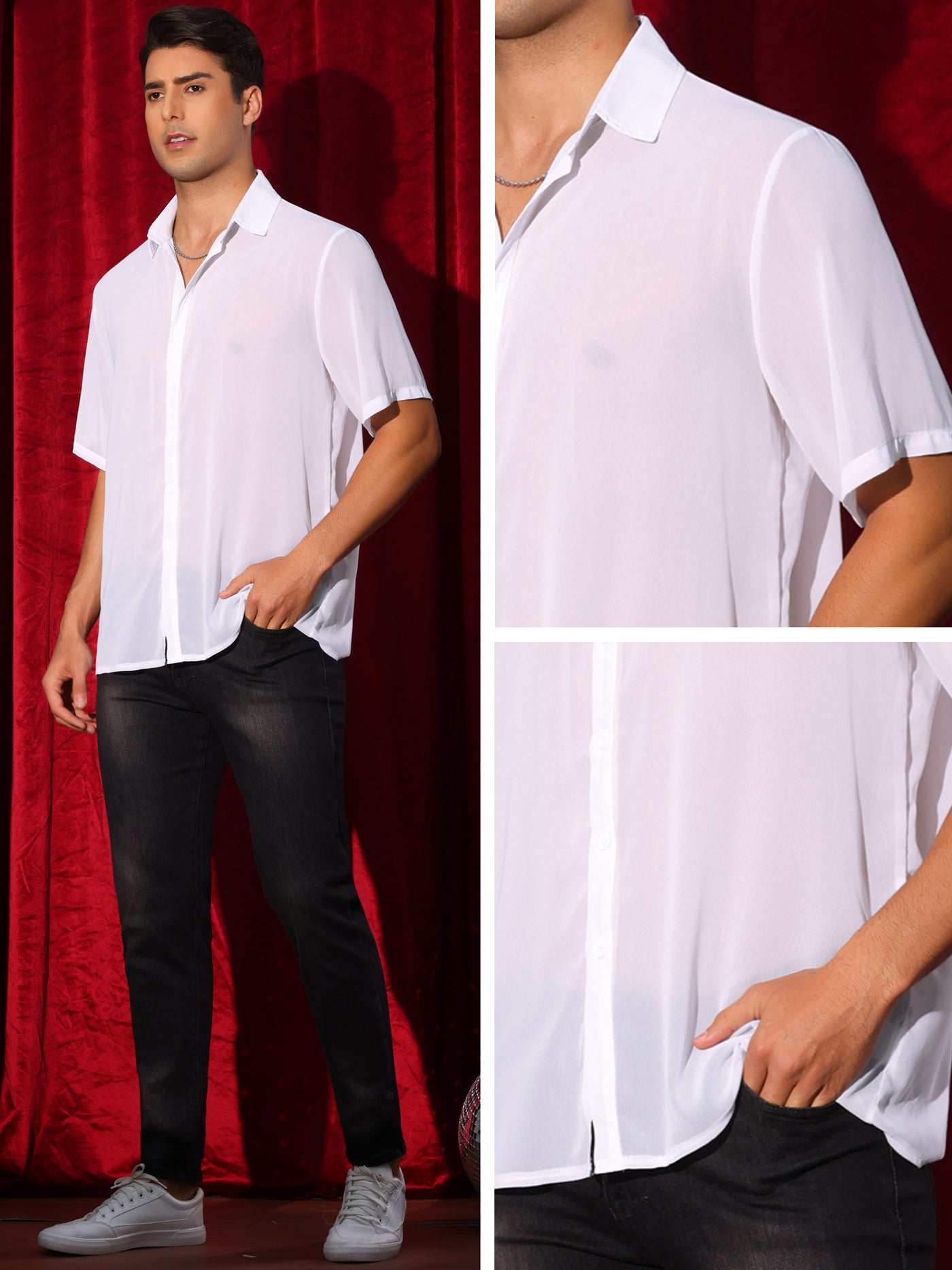 Bublédon Sheer Shirt for Men's Short Sleeve See Through Tops Button Down Point Collar Clubwear Shirts