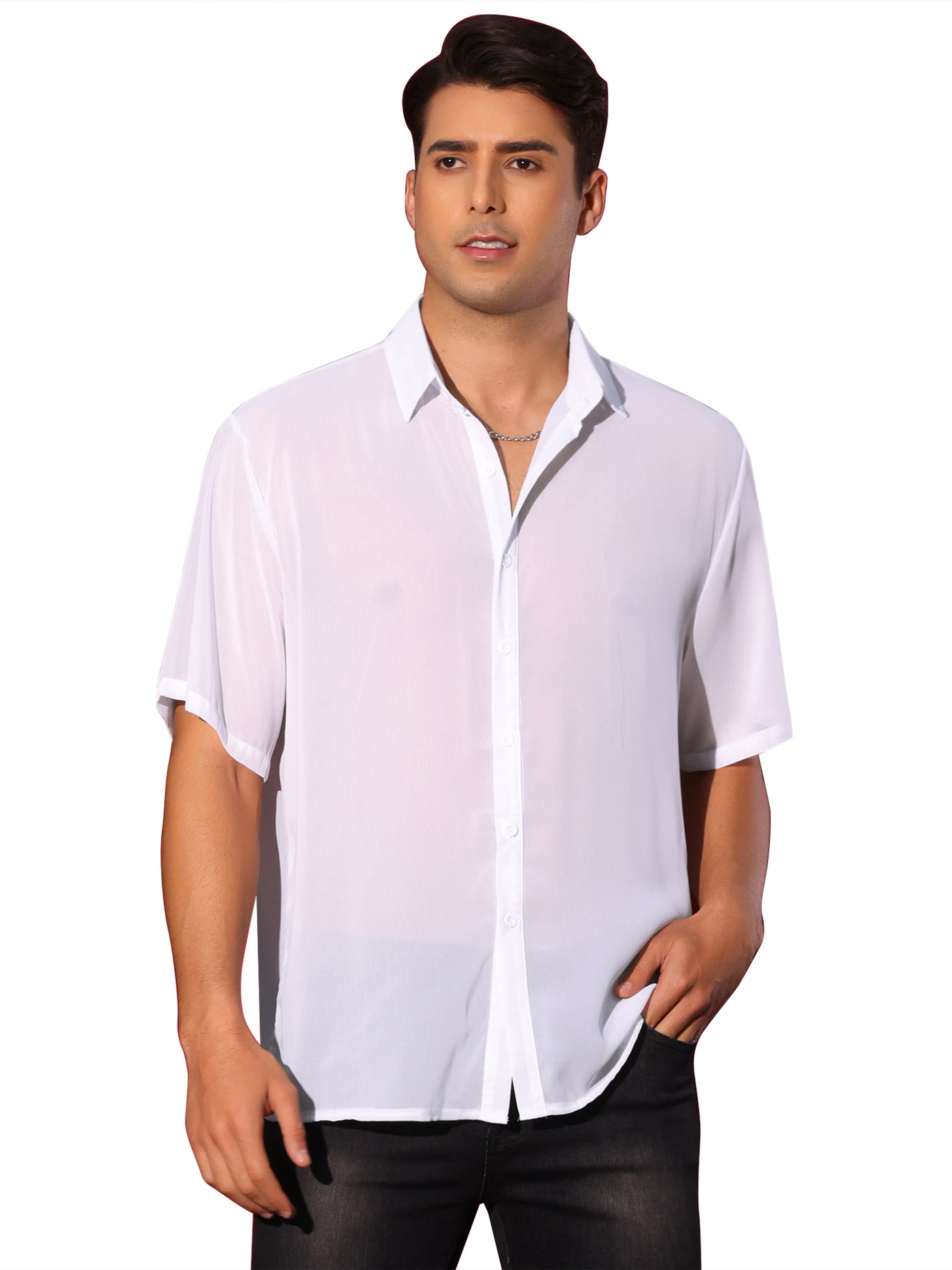 Bublédon Sheer Shirt for Men's Short Sleeve See Through Tops Button Down Point Collar Clubwear Shirts