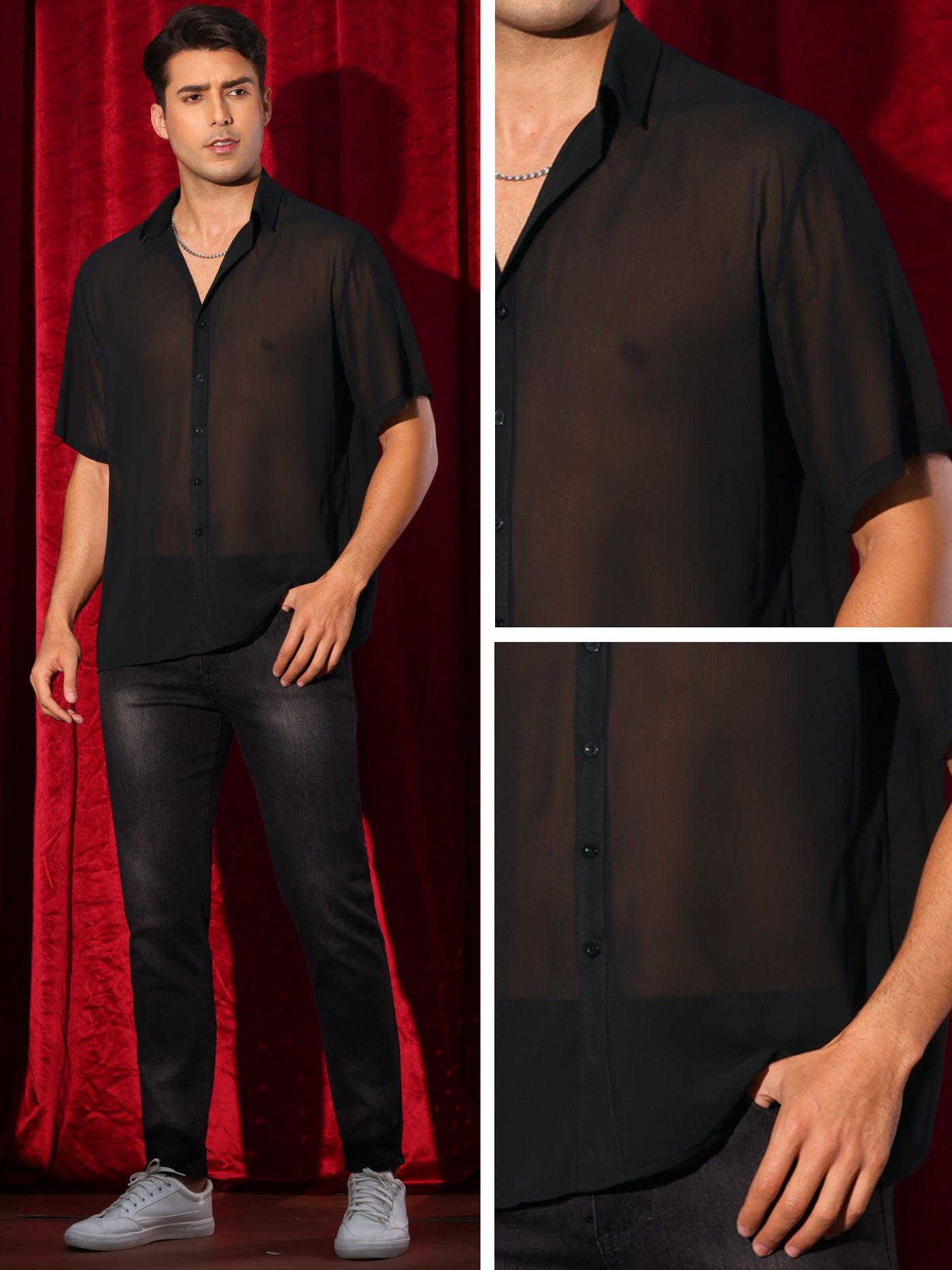 Bublédon Sheer Shirt for Men's Short Sleeve See Through Tops Button Down Point Collar Clubwear Shirts