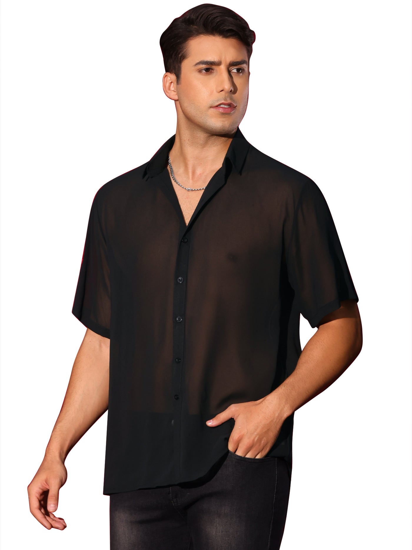 Bublédon Sheer Shirt for Men's Short Sleeve See Through Tops Button Down Point Collar Clubwear Shirts