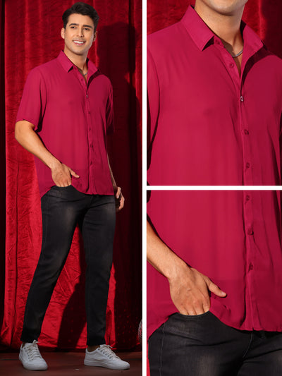 Sheer Shirt for Men's Short Sleeve See Through Tops Button Down Point Collar Clubwear Shirts