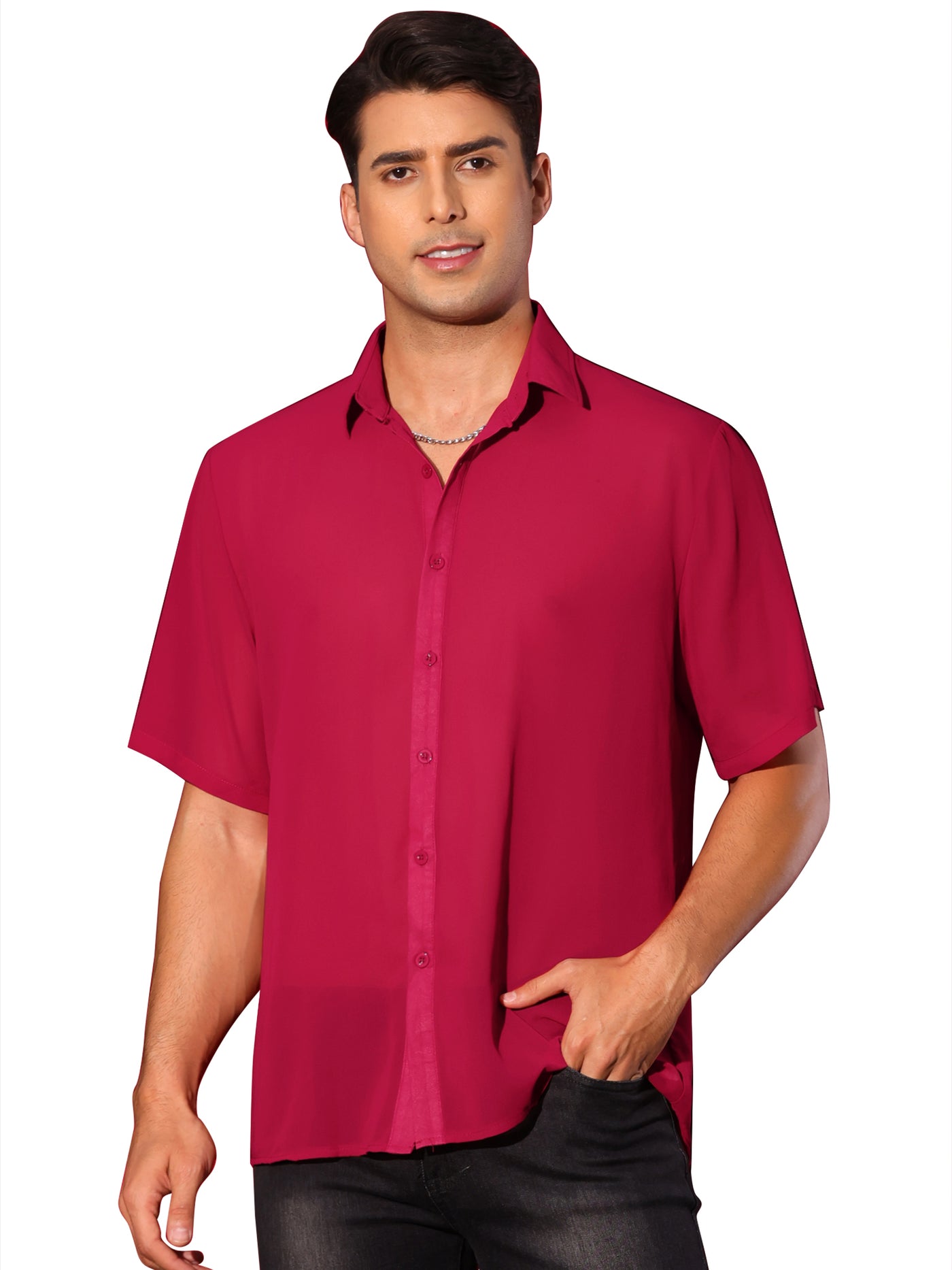 Bublédon Sheer Shirt for Men's Short Sleeve See Through Tops Button Down Point Collar Clubwear Shirts