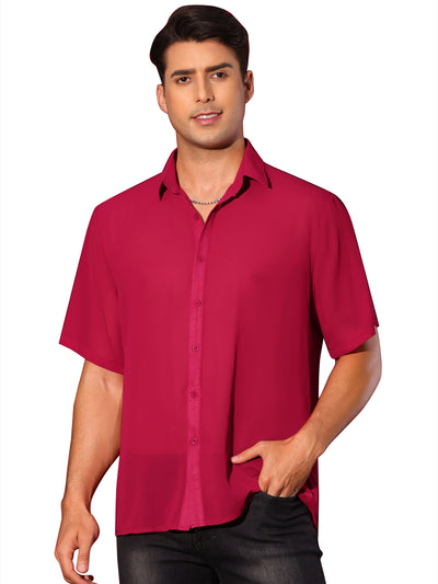 Sheer Shirt for Men's Short Sleeve See Through Tops Button Down Point Collar Clubwear Shirts