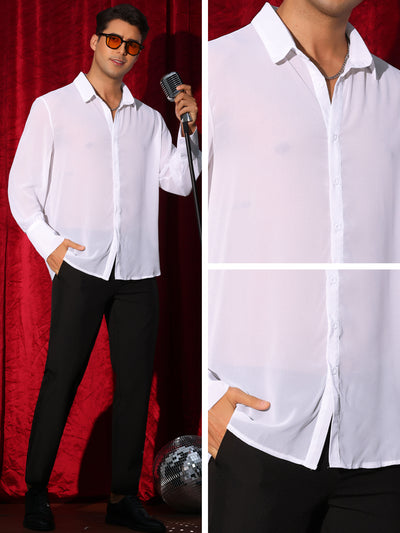 Sheer Shirts for Men's Solid Button Front Long Sleeve Collared Party See Through Shirt