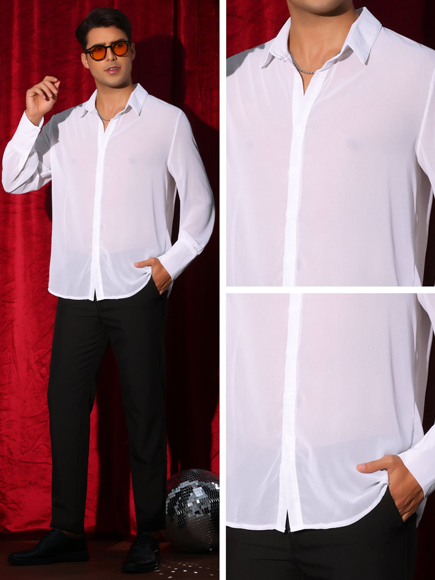 Bublédon Sheer Shirts for Men's Solid Button Front Long Sleeve Collared Party See Through Shirt