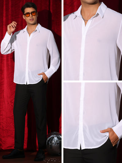 Sheer Shirts for Men's Solid Button Front Long Sleeve Collared Party See Through Shirt