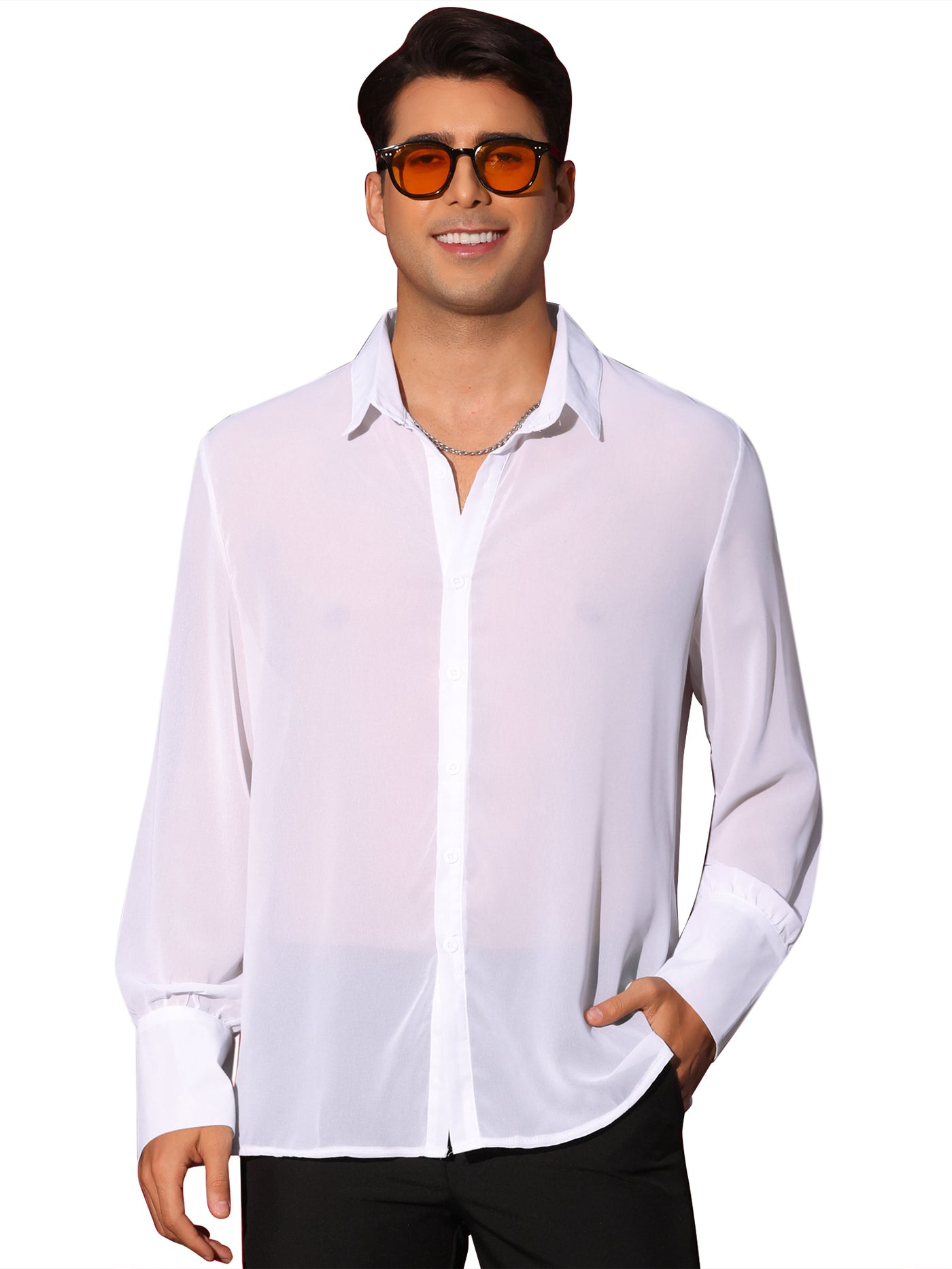 Bublédon Sheer Shirts for Men's Solid Button Front Long Sleeve Collared Party See Through Shirt