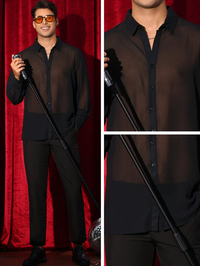 Sheer Shirts for Men's Solid Button Front Long Sleeve Collared Party See Through Shirt