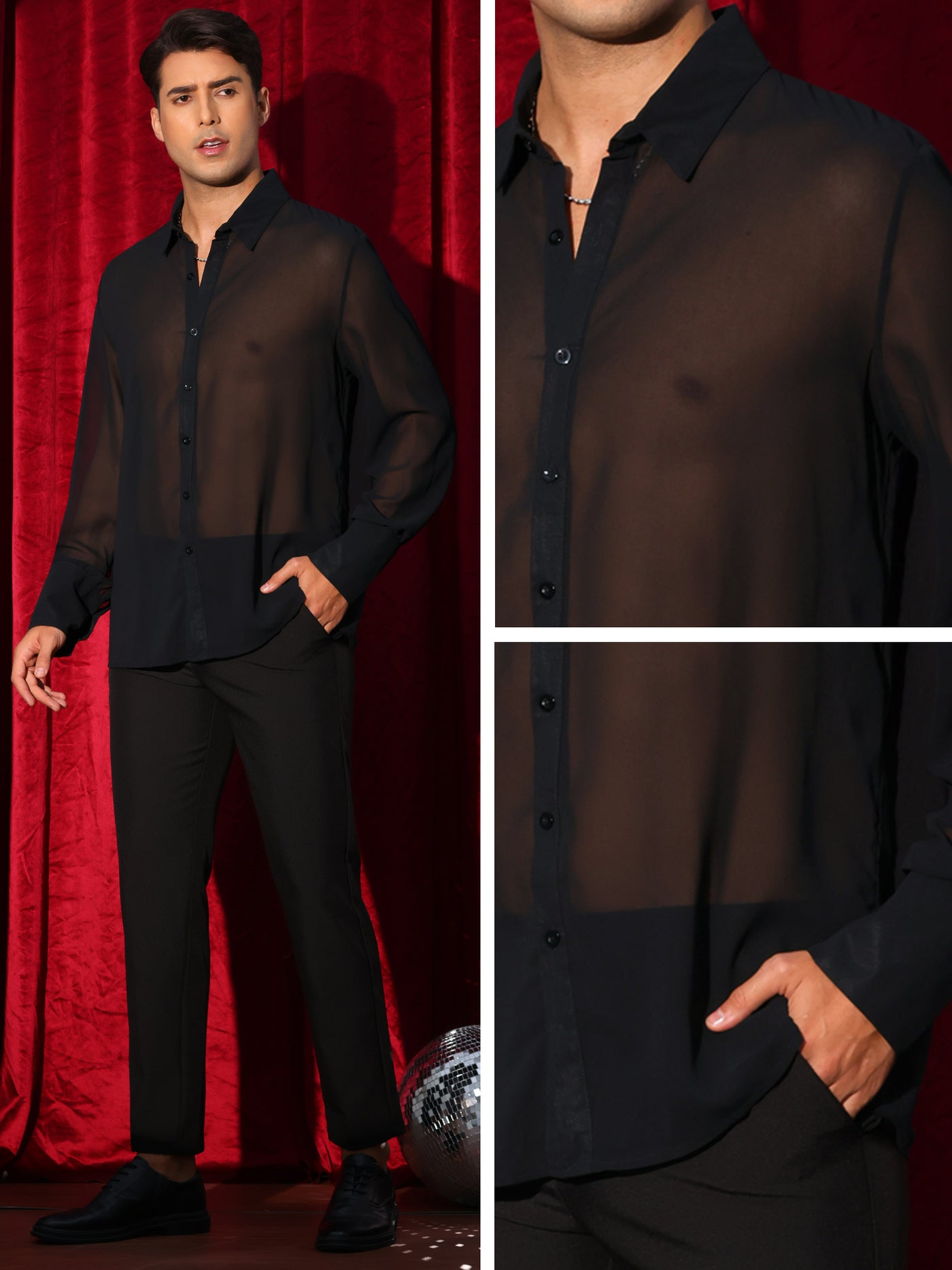 Bublédon Sheer Shirts for Men's Solid Button Front Long Sleeve Collared Party See Through Shirt