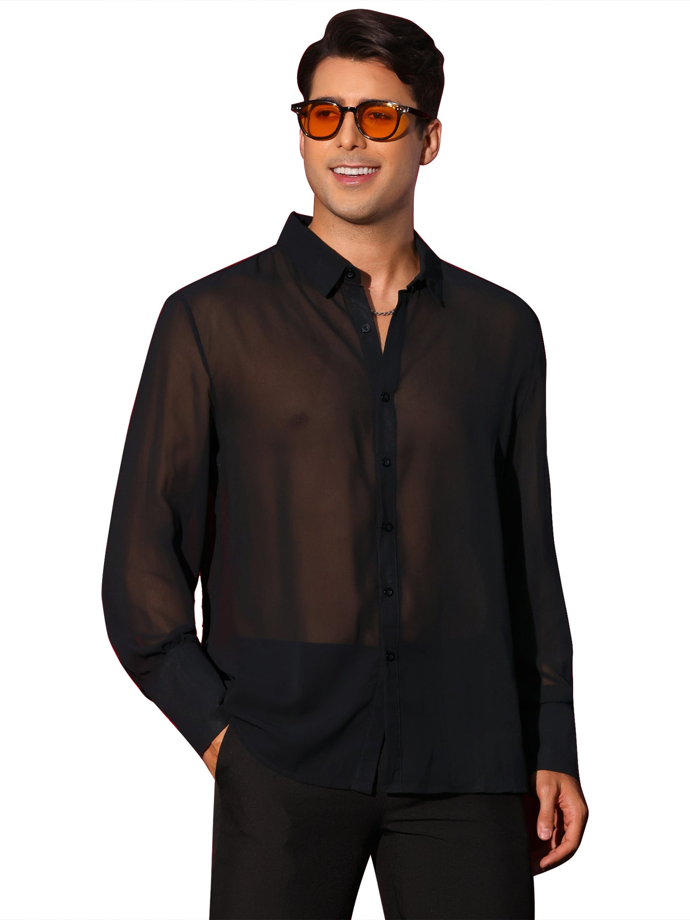 Bublédon Sheer Shirts for Men's Solid Button Front Long Sleeve Collared Party See Through Shirt