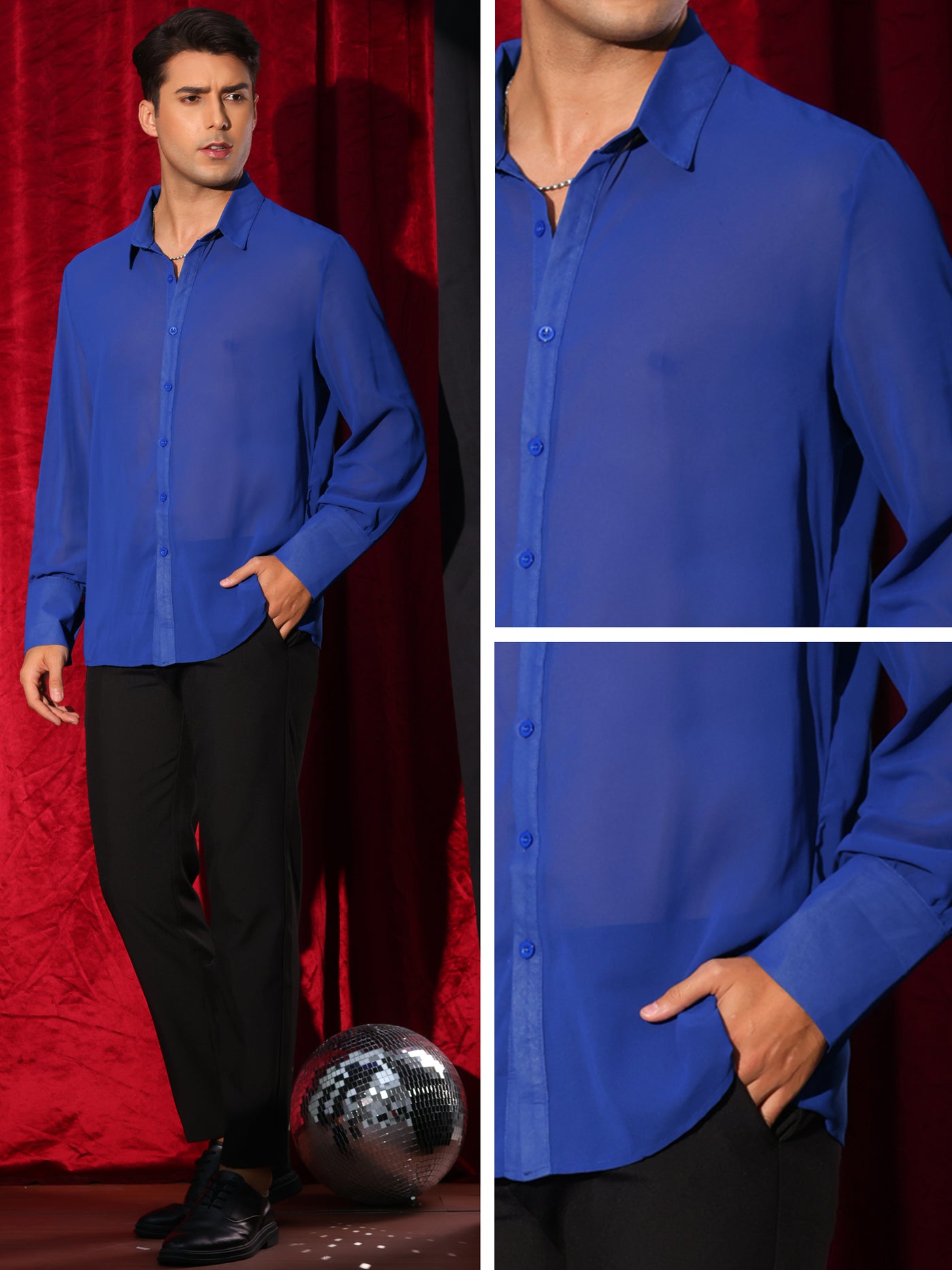 Bublédon Sheer Shirts for Men's Solid Button Front Long Sleeve Collared Party See Through Shirt