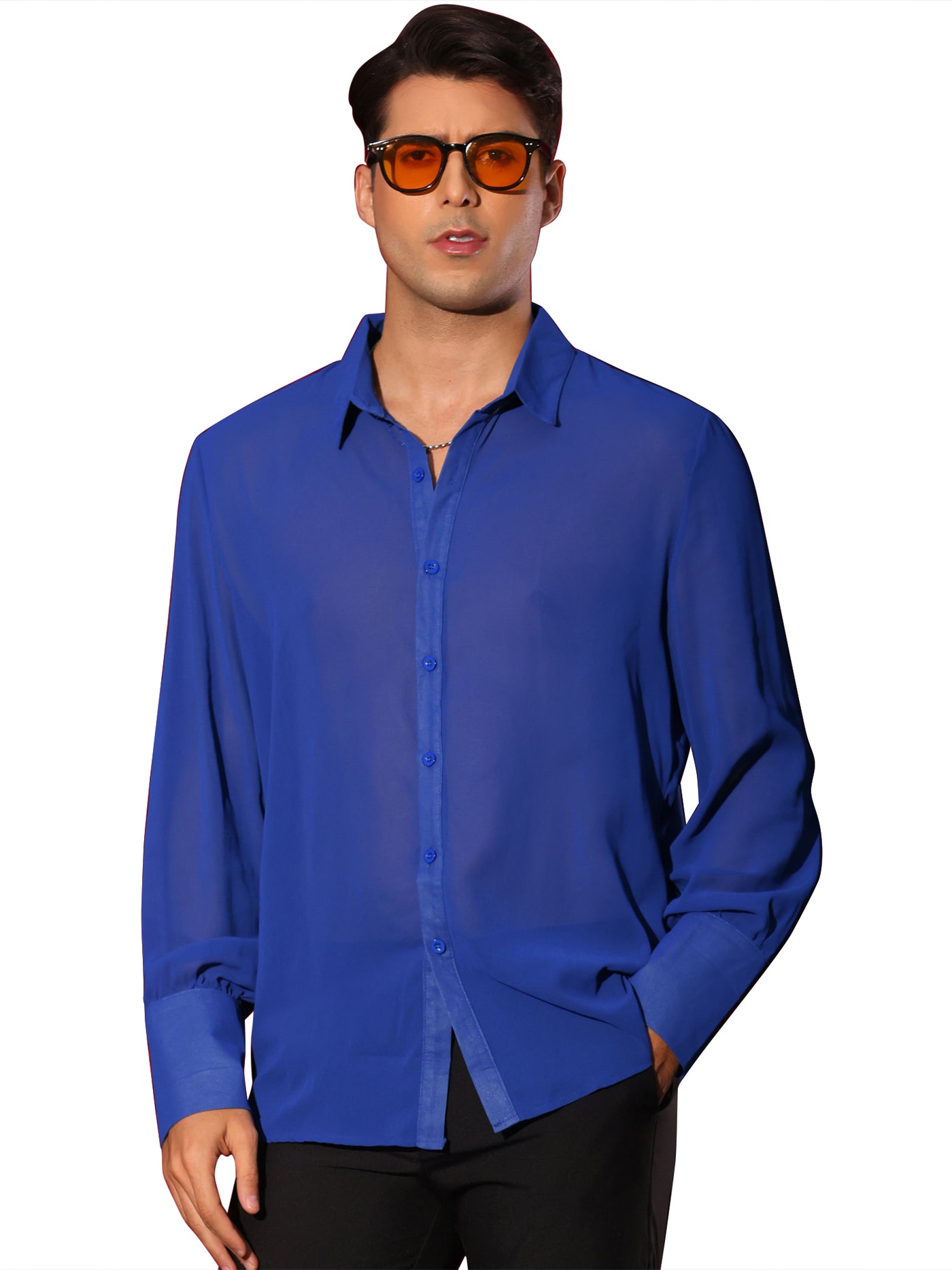 Bublédon Sheer Shirts for Men's Solid Button Front Long Sleeve Collared Party See Through Shirt