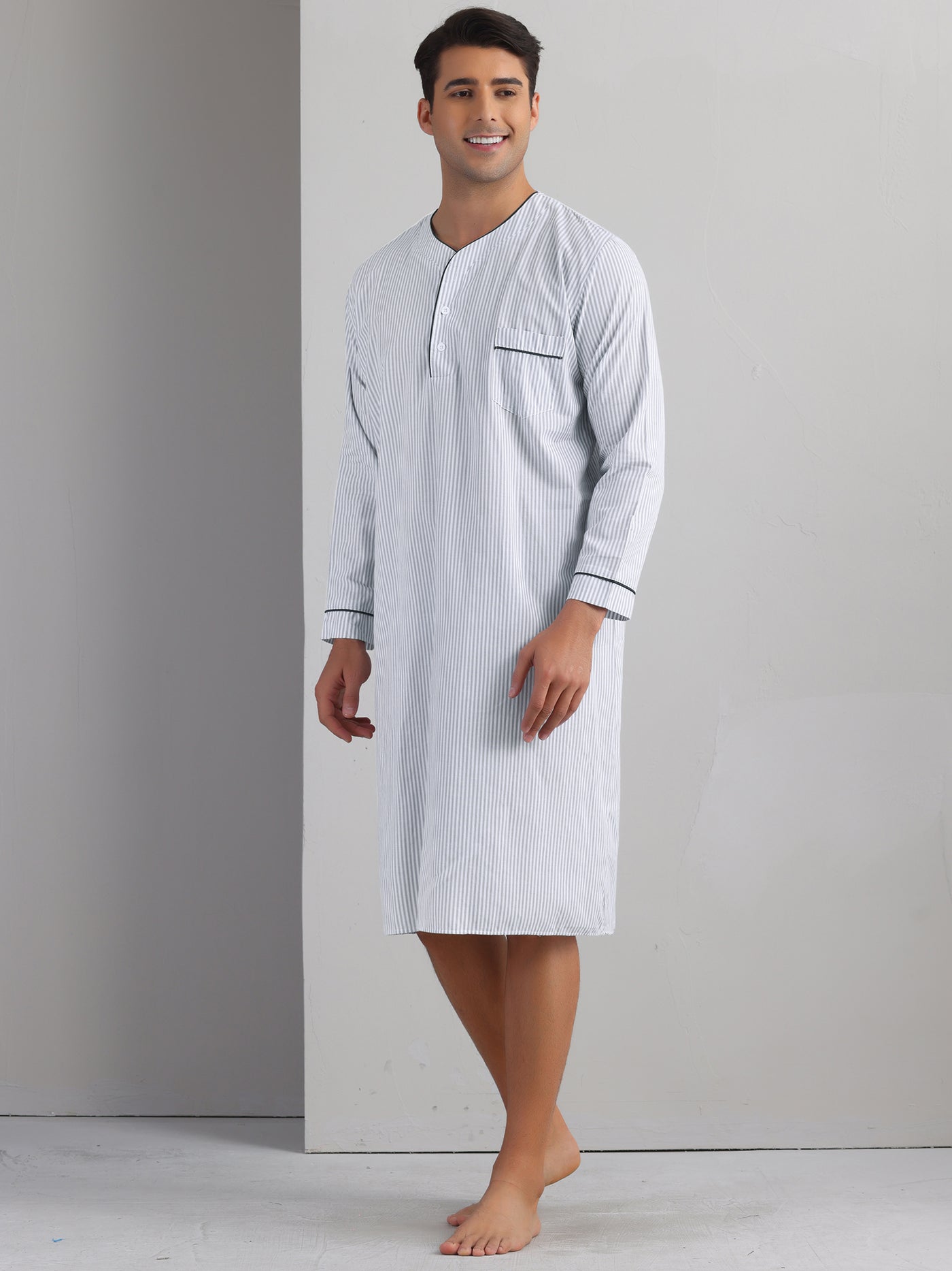 Bublédon Striped Nightshirts for Men's V-Neck Button Down Nightgown Long Sleeve Stripe Sleep Shirts