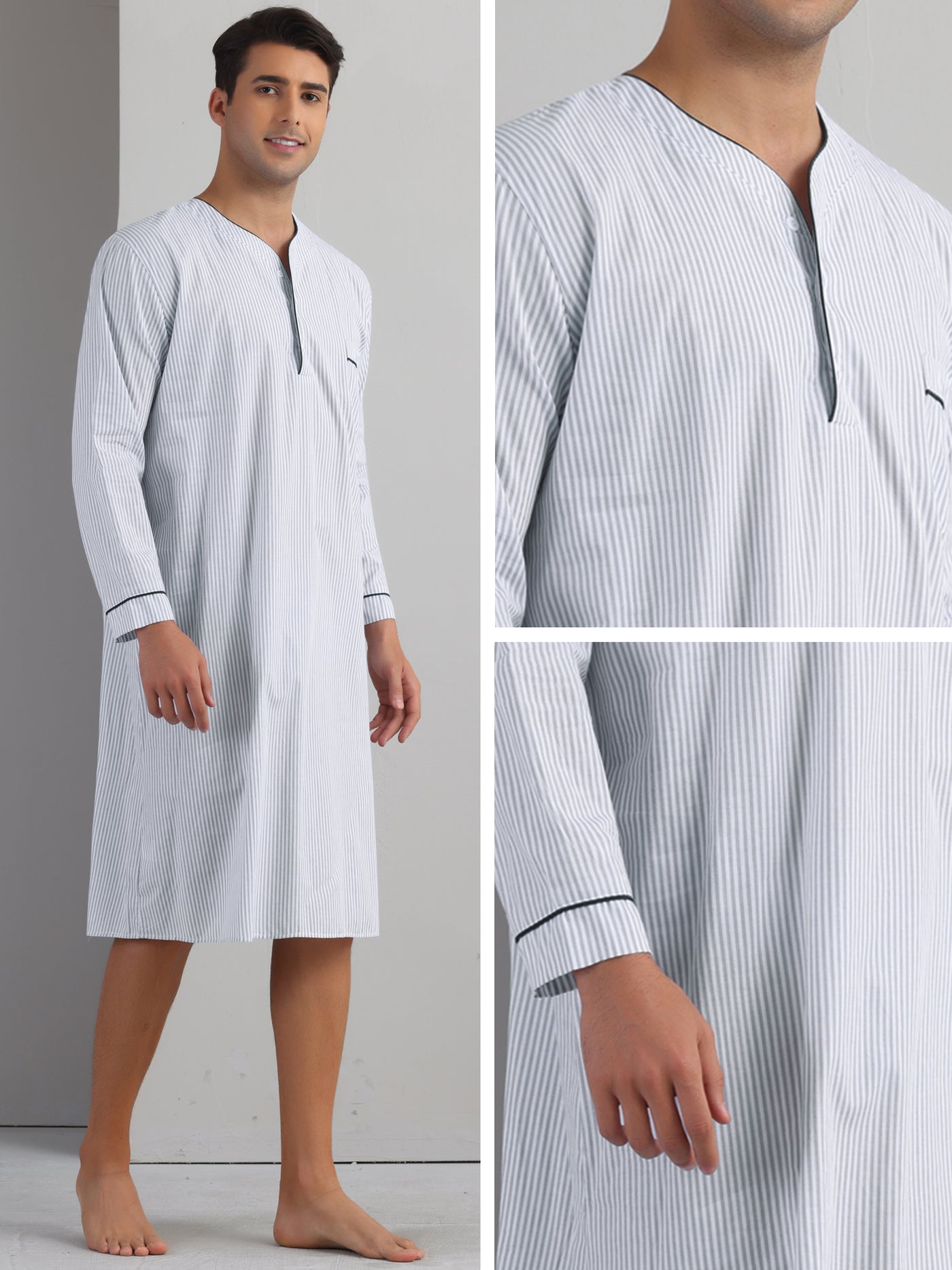 Bublédon Striped Nightshirts for Men's V-Neck Button Down Nightgown Long Sleeve Stripe Sleep Shirts