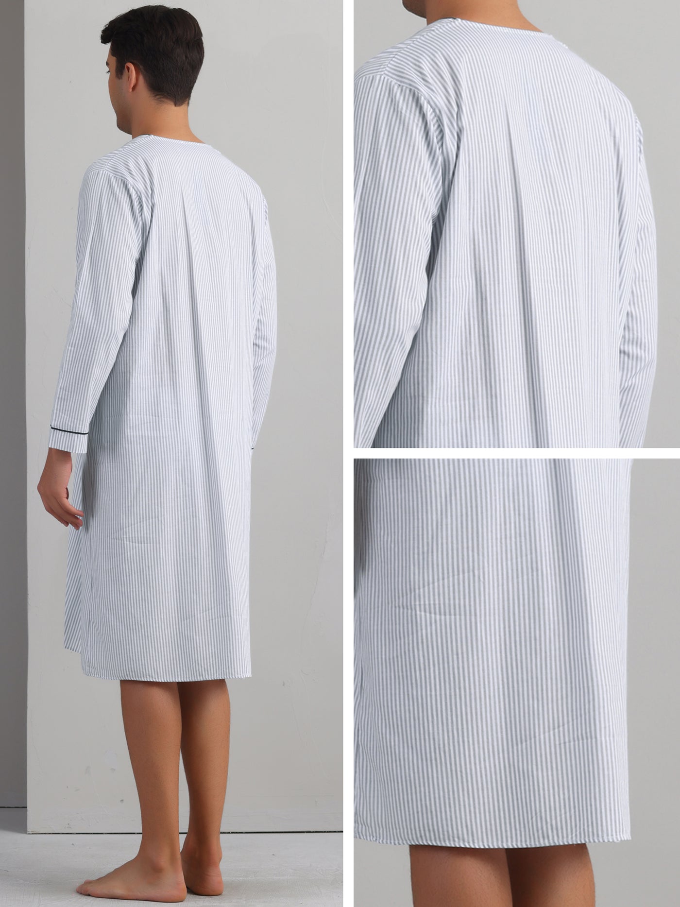 Bublédon Striped Nightshirts for Men's V-Neck Button Down Nightgown Long Sleeve Stripe Sleep Shirts