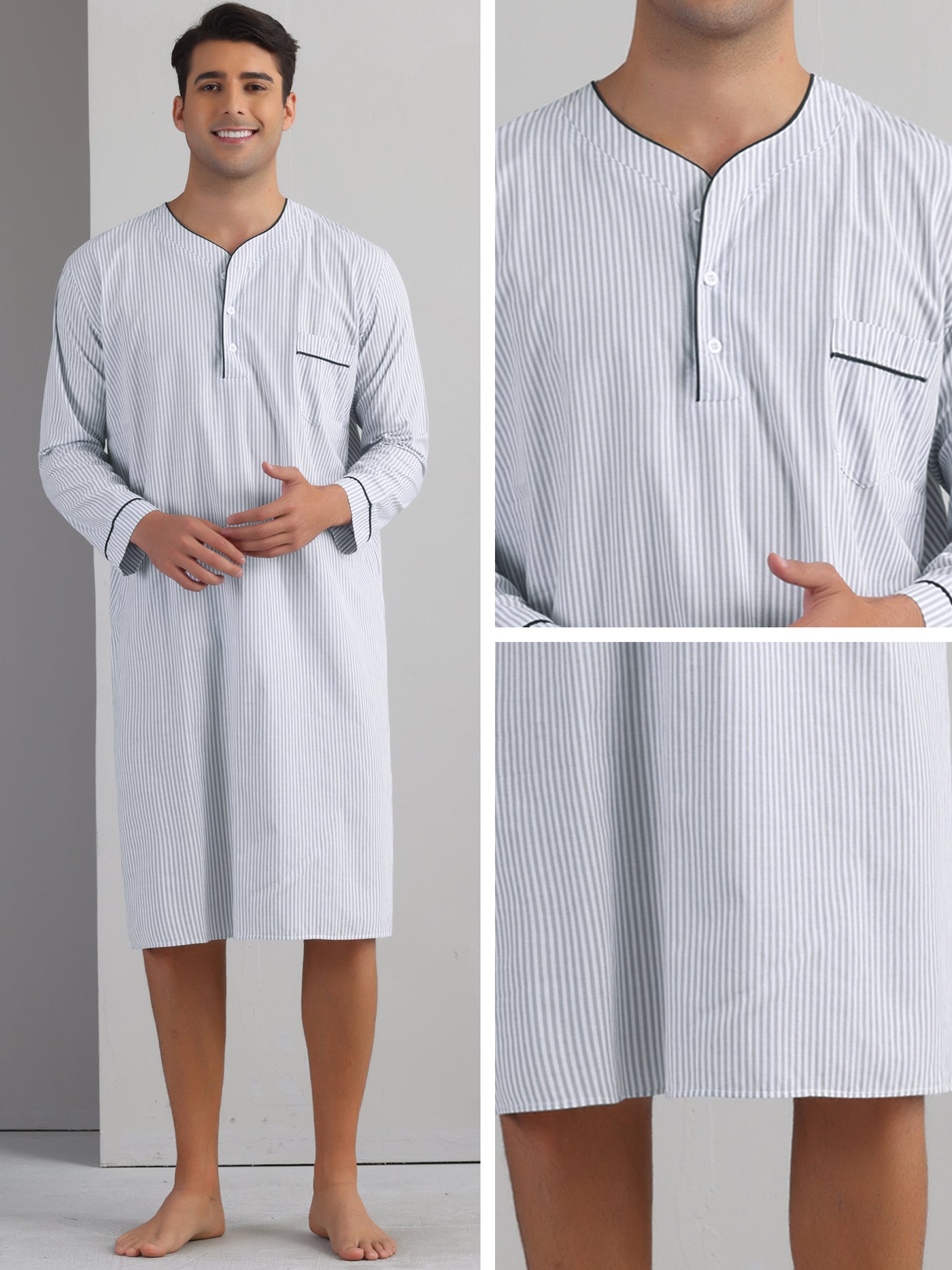 Bublédon Striped Nightshirts for Men's V-Neck Button Down Nightgown Long Sleeve Stripe Sleep Shirts