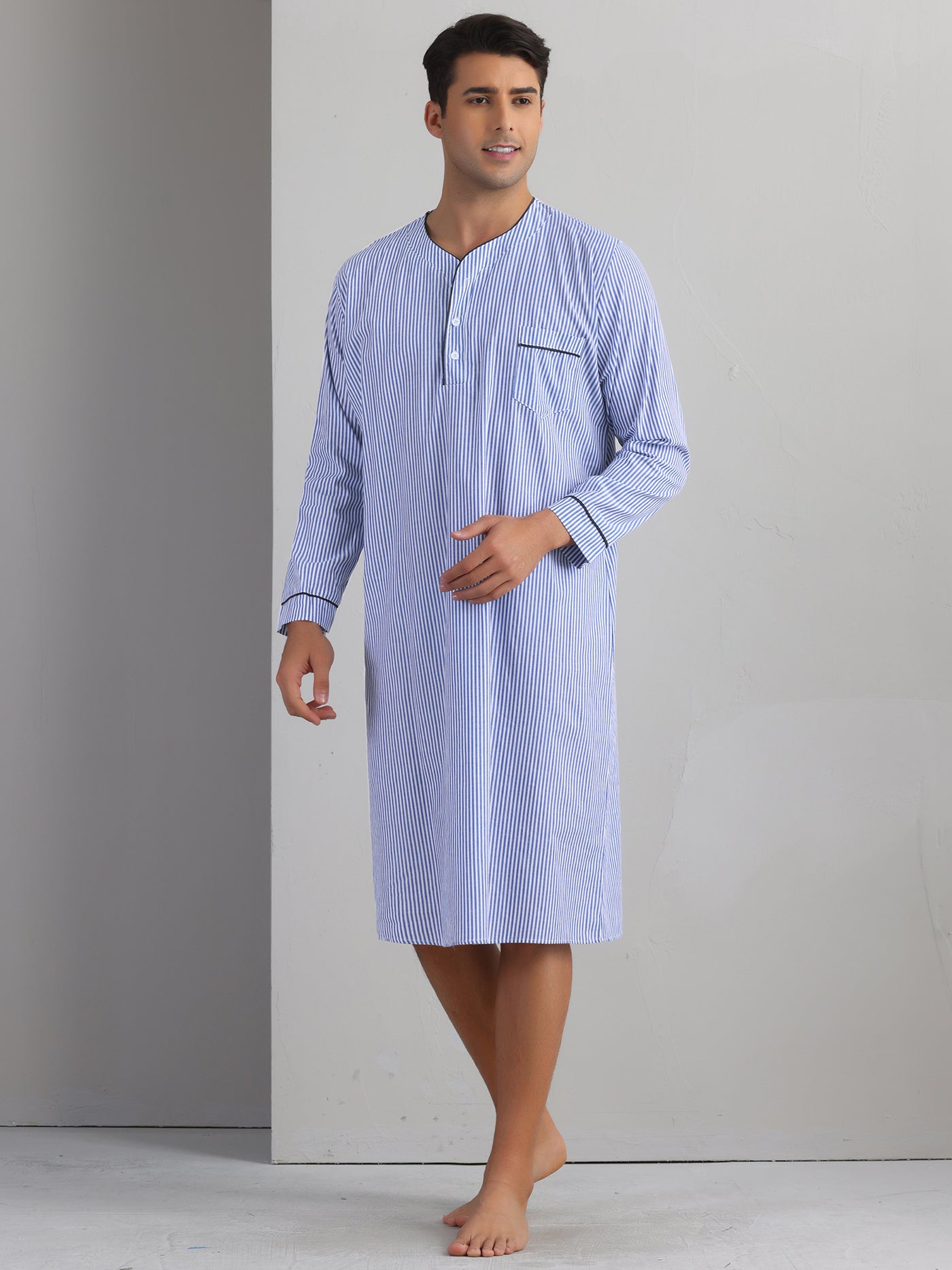 Bublédon Striped Nightshirts for Men's V-Neck Button Down Nightgown Long Sleeve Stripe Sleep Shirts