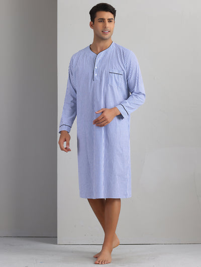 Striped Nightshirts for Men's V-Neck Button Down Nightgown Long Sleeve Stripe Sleep Shirts