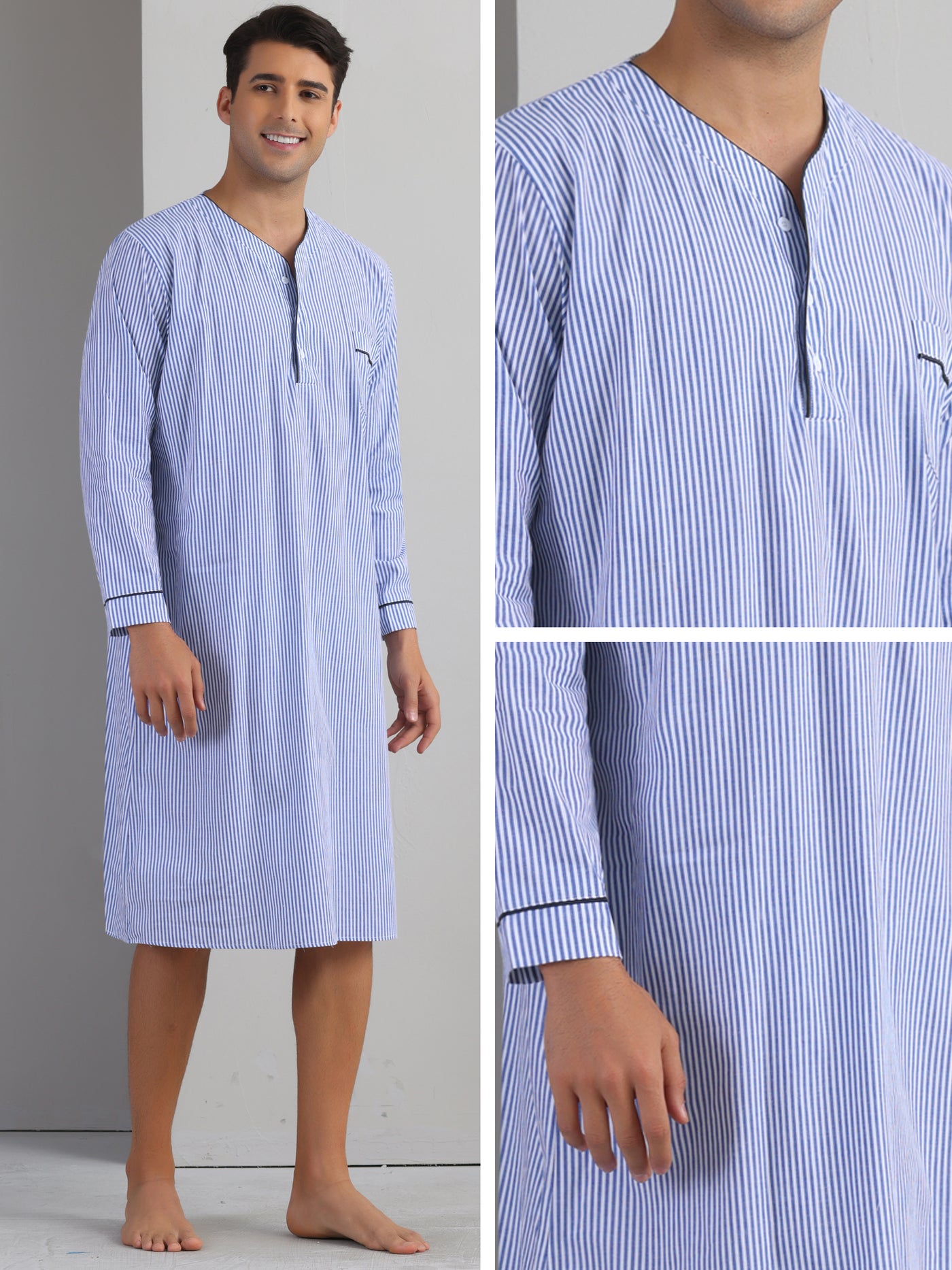 Bublédon Striped Nightshirts for Men's V-Neck Button Down Nightgown Long Sleeve Stripe Sleep Shirts