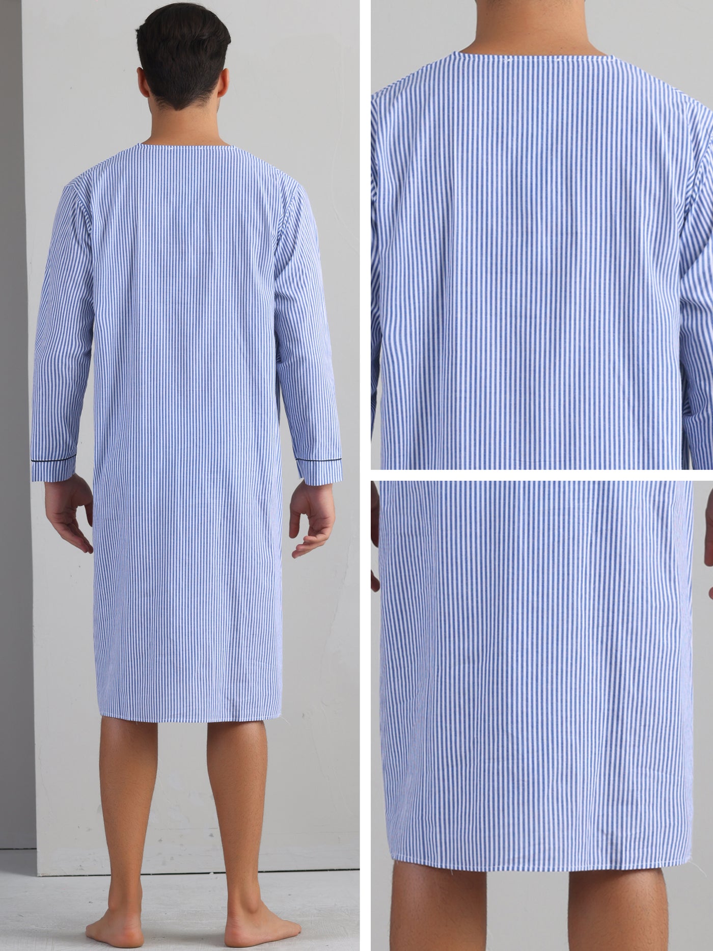 Bublédon Striped Nightshirts for Men's V-Neck Button Down Nightgown Long Sleeve Stripe Sleep Shirts