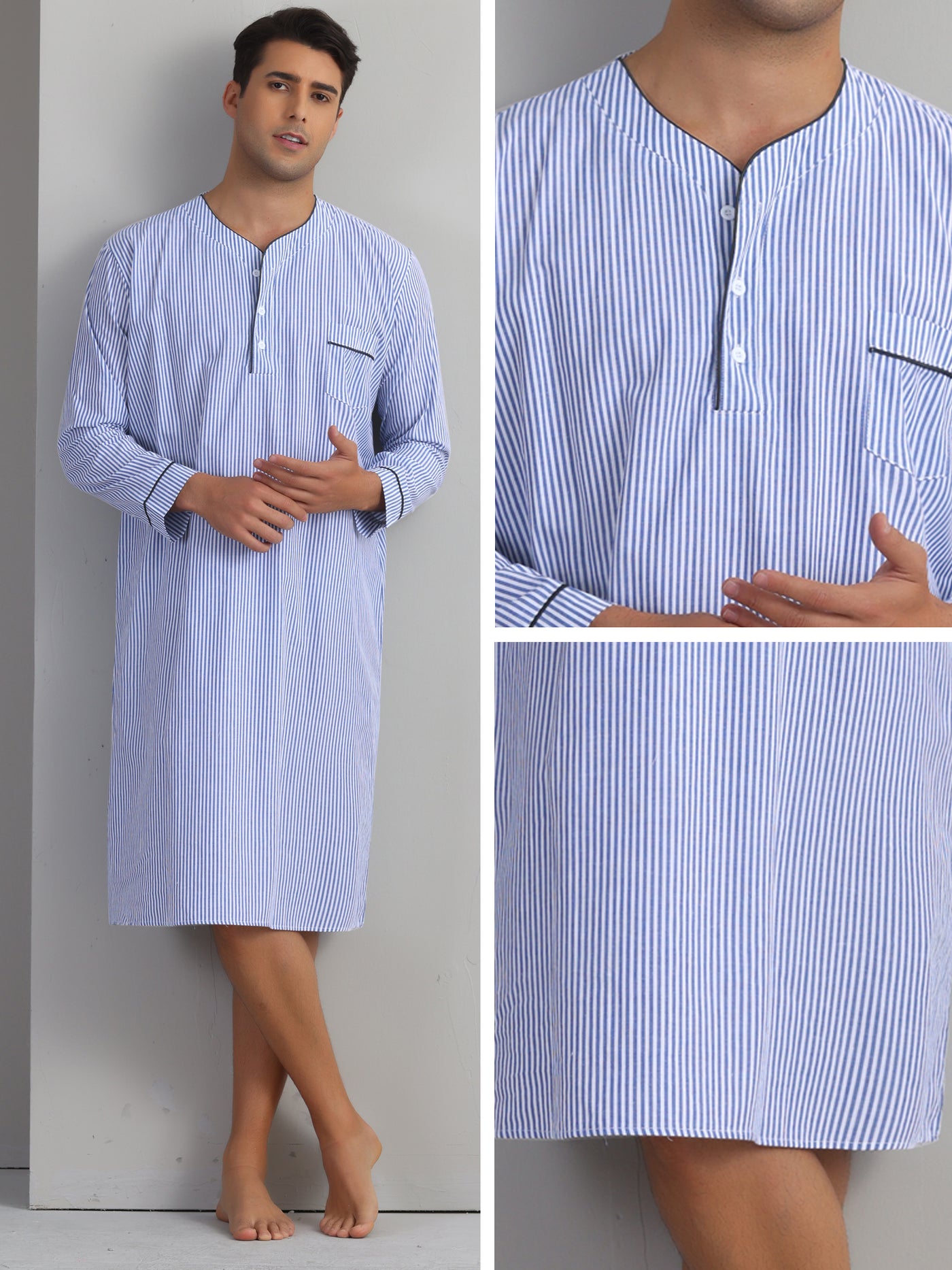 Bublédon Striped Nightshirts for Men's V-Neck Button Down Nightgown Long Sleeve Stripe Sleep Shirts