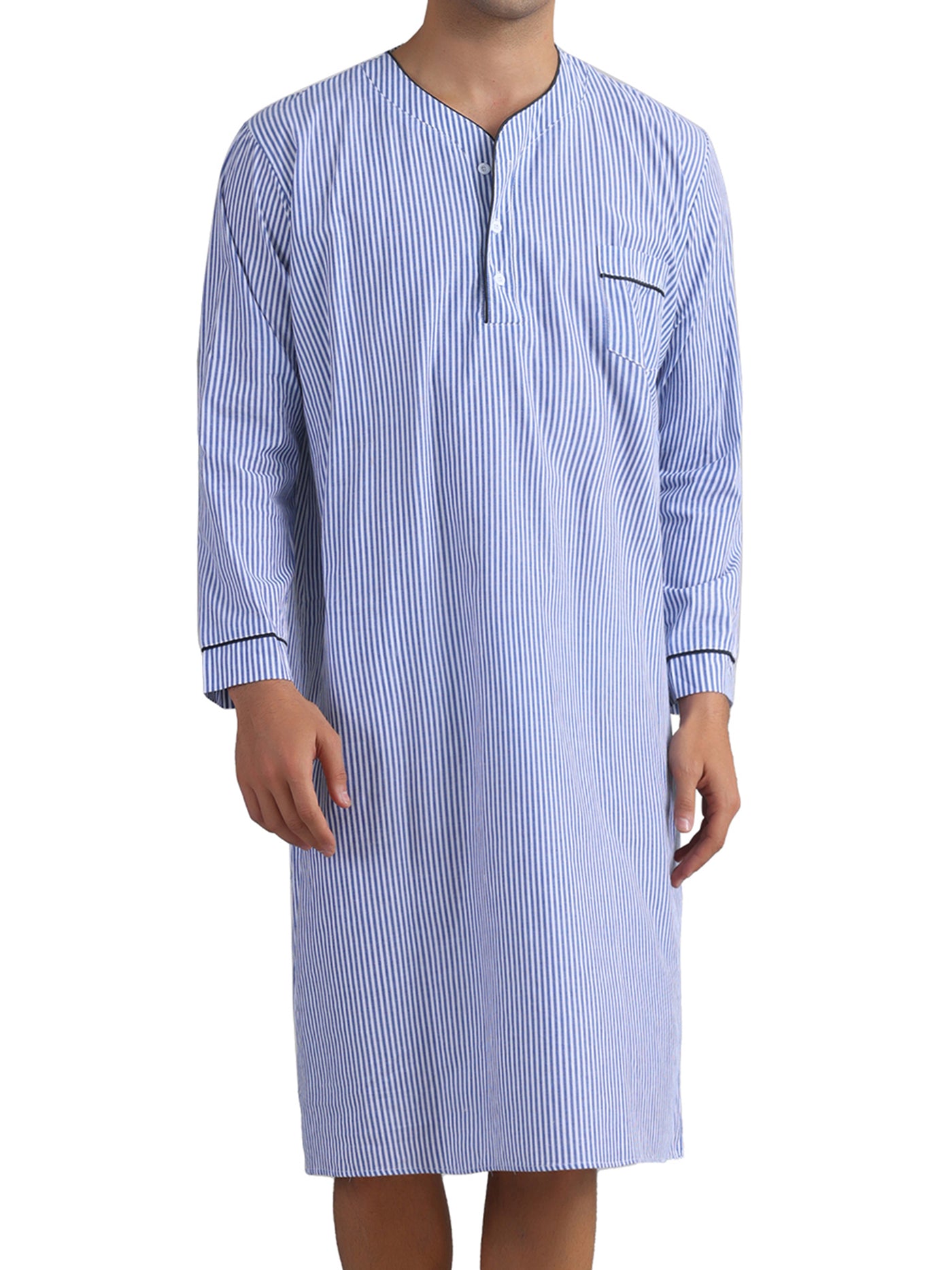 Bublédon Striped Nightshirts for Men's V-Neck Button Down Nightgown Long Sleeve Stripe Sleep Shirts