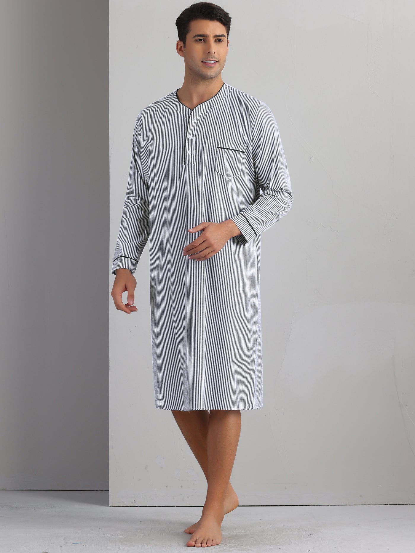 Bublédon Striped Nightshirts for Men's V-Neck Button Down Nightgown Long Sleeve Stripe Sleep Shirts