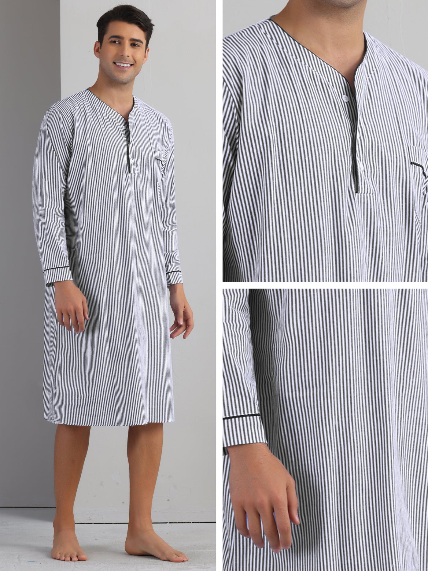 Bublédon Striped Nightshirts for Men's V-Neck Button Down Nightgown Long Sleeve Stripe Sleep Shirts