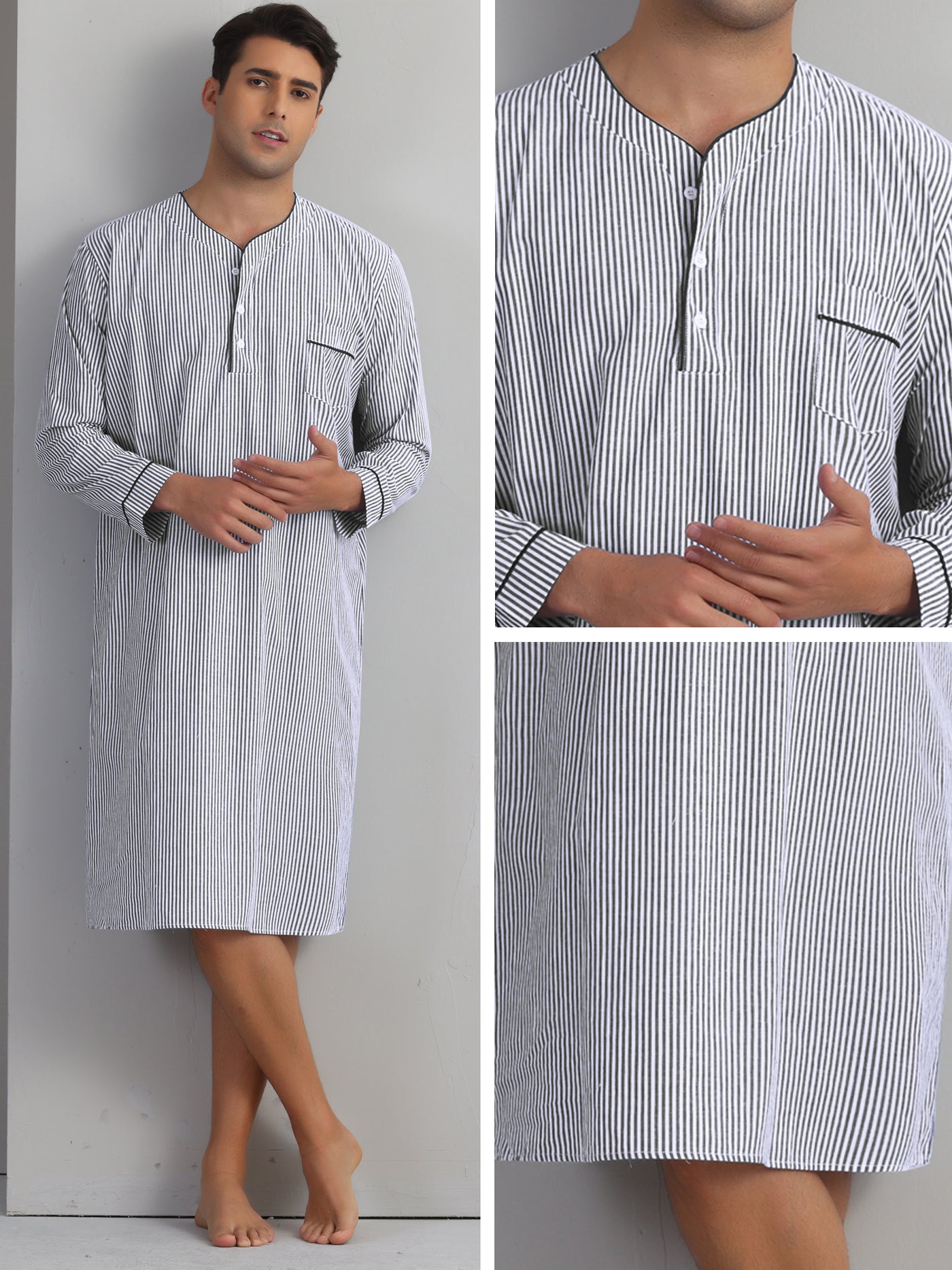 Bublédon Striped Nightshirts for Men's V-Neck Button Down Nightgown Long Sleeve Stripe Sleep Shirts