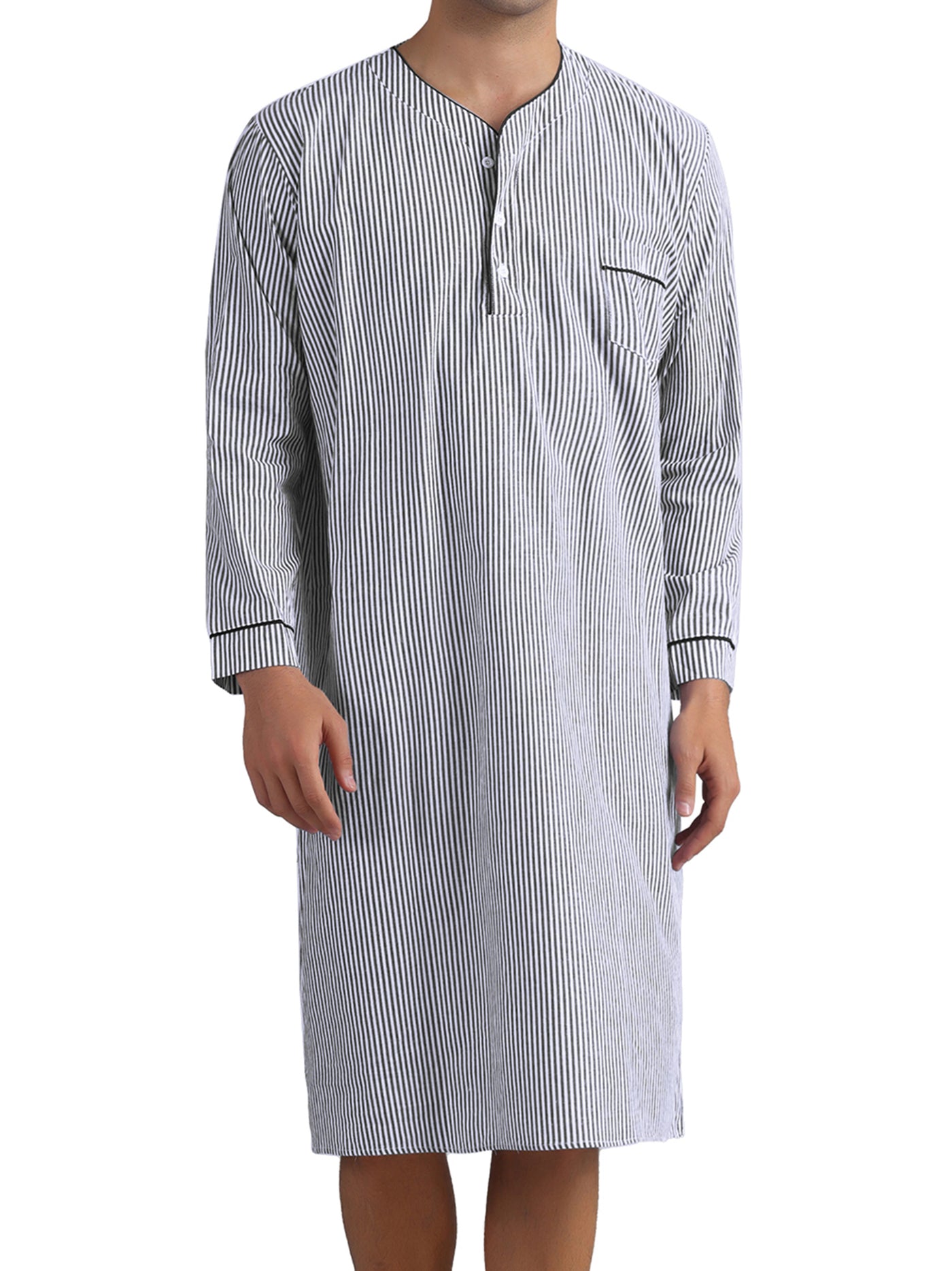 Bublédon Striped Nightshirts for Men's V-Neck Button Down Nightgown Long Sleeve Stripe Sleep Shirts