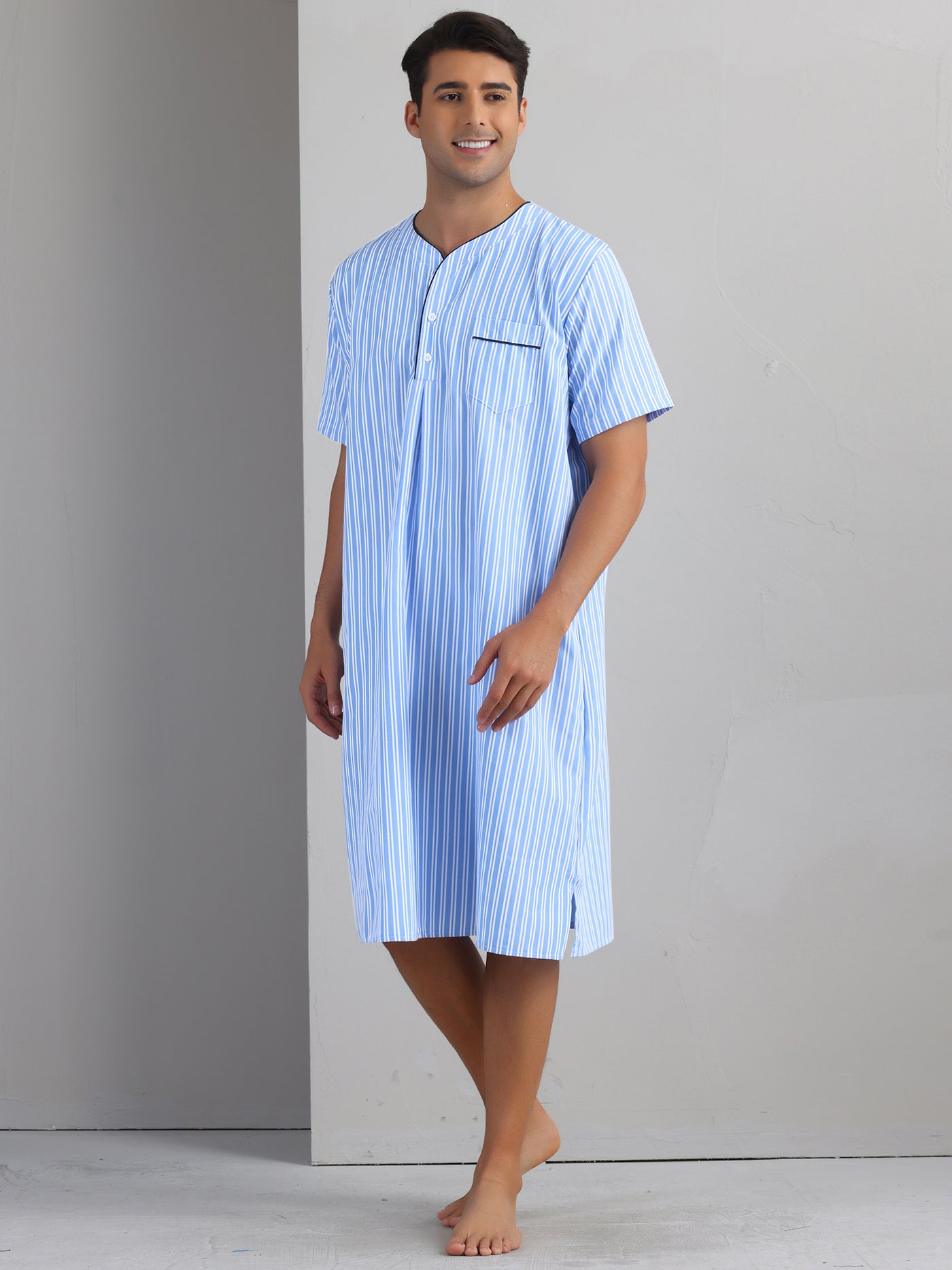 Bublédon Striped Nightshirts for Men's Short Sleeve Button Down Sleep Shirts V-Neck Stripes Nightgown