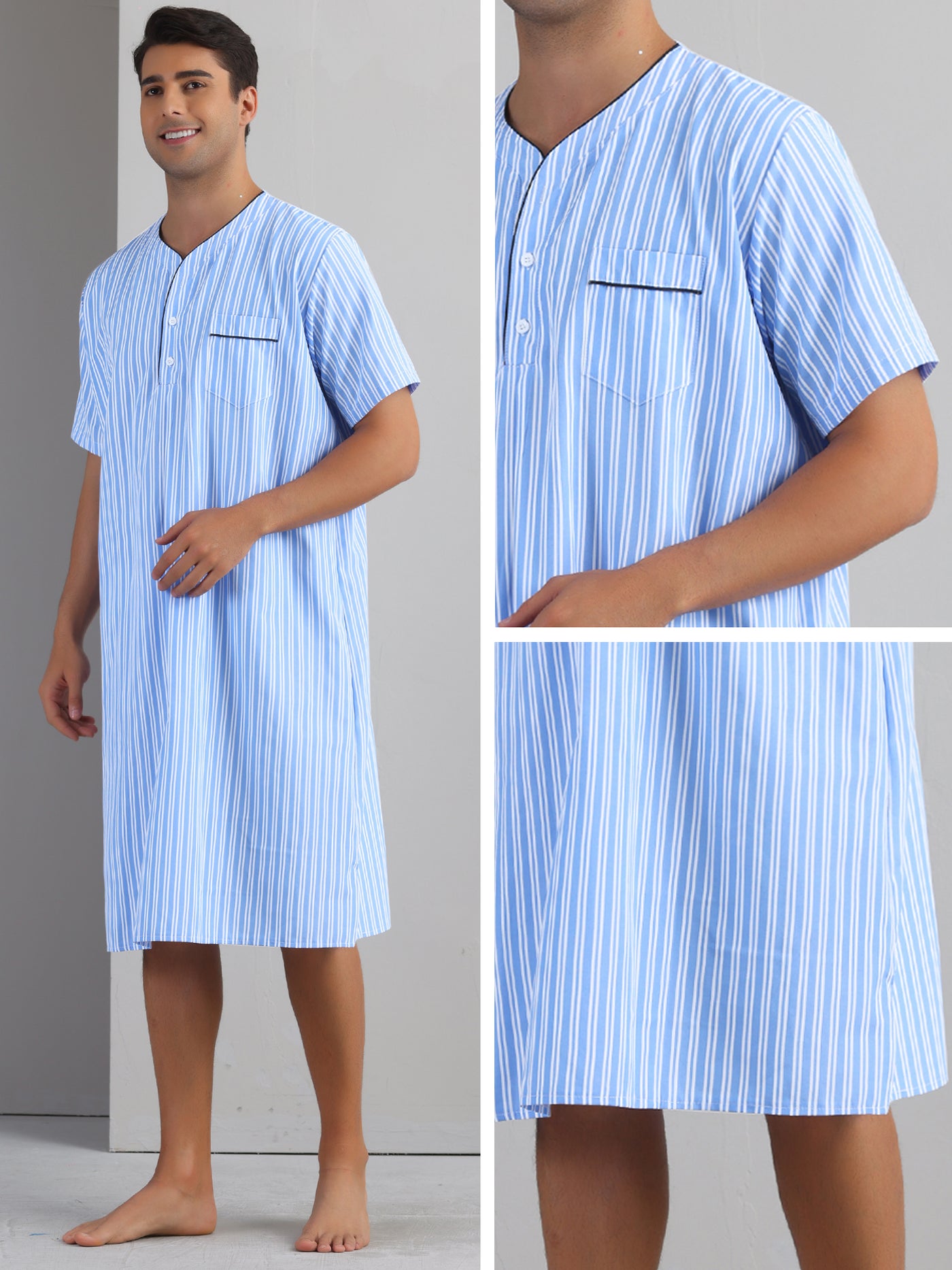 Bublédon Striped Nightshirts for Men's Short Sleeve Button Down Sleep Shirts V-Neck Stripes Nightgown