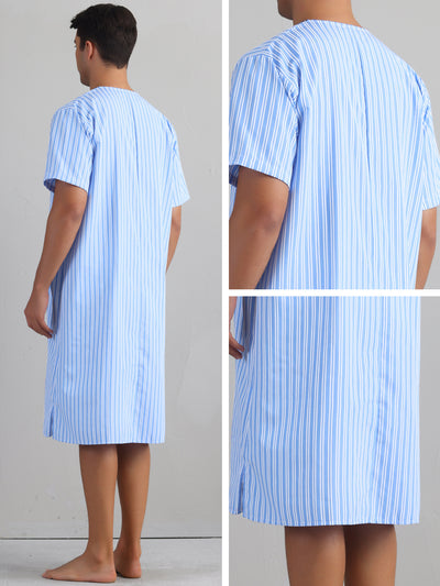 Striped Nightshirts for Men's Short Sleeve Button Down Sleep Shirts V-Neck Stripes Nightgown