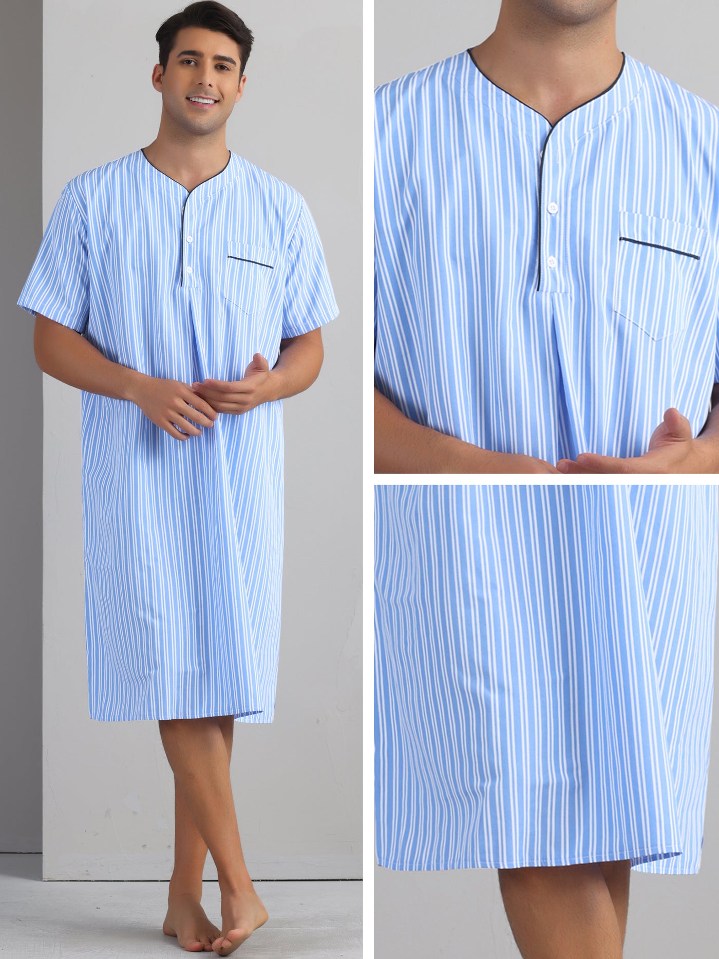 Bublédon Striped Nightshirts for Men's Short Sleeve Button Down Sleep Shirts V-Neck Stripes Nightgown