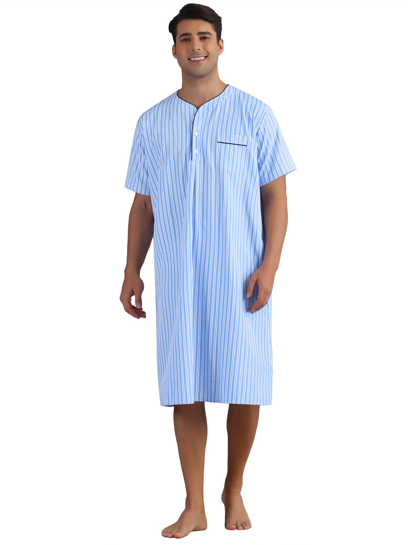 Bublédon Striped Nightshirts for Men's Short Sleeve Button Down Sleep Shirts V-Neck Stripes Nightgown