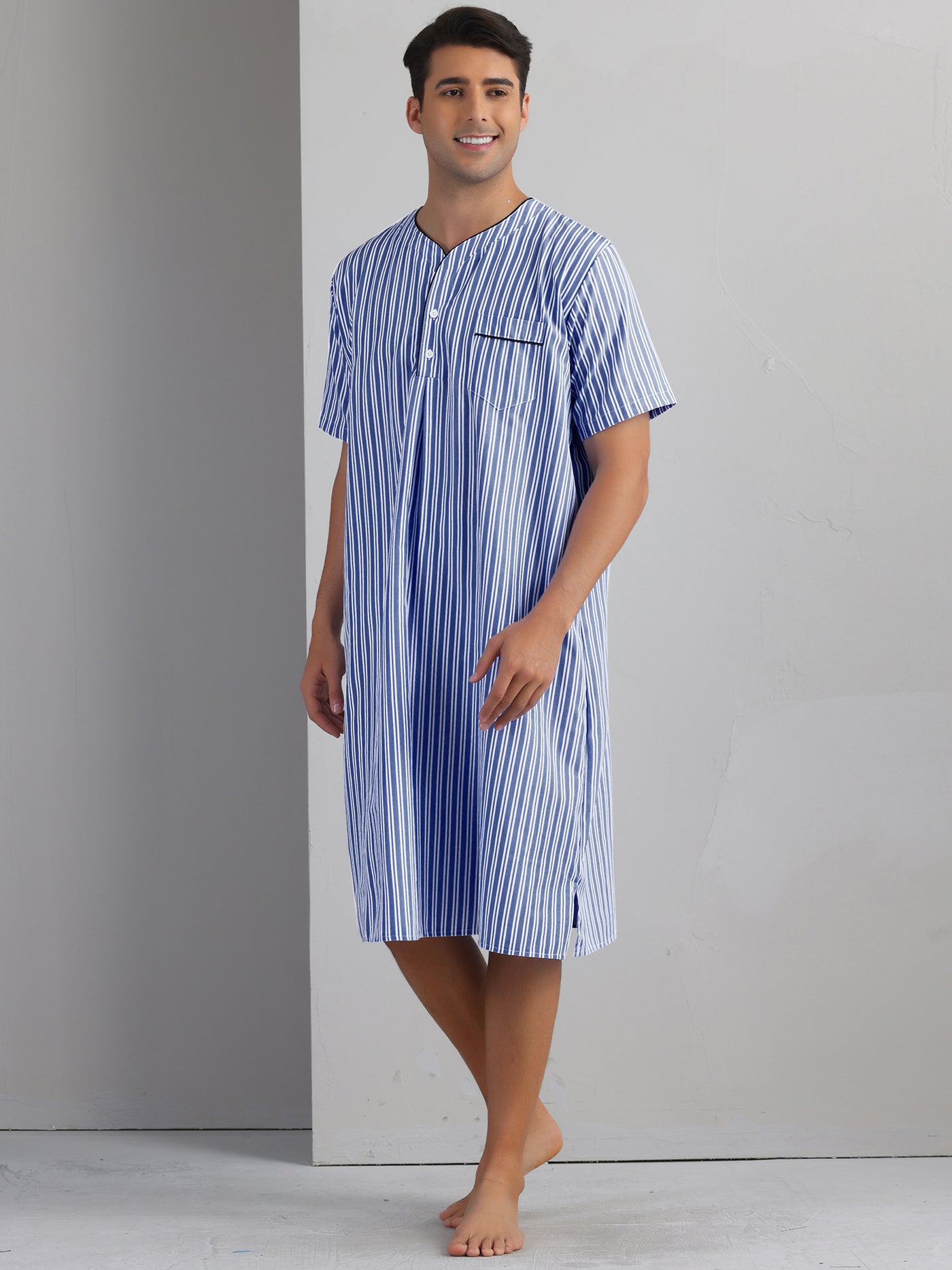 Bublédon Striped Nightshirts for Men's Short Sleeve Button Down Sleep Shirts V-Neck Stripes Nightgown