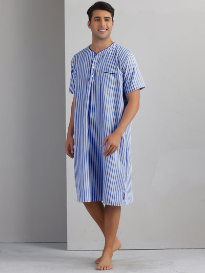 Striped Nightshirts for Men's Short Sleeve Button Down Sleep Shirts V-Neck Stripes Nightgown