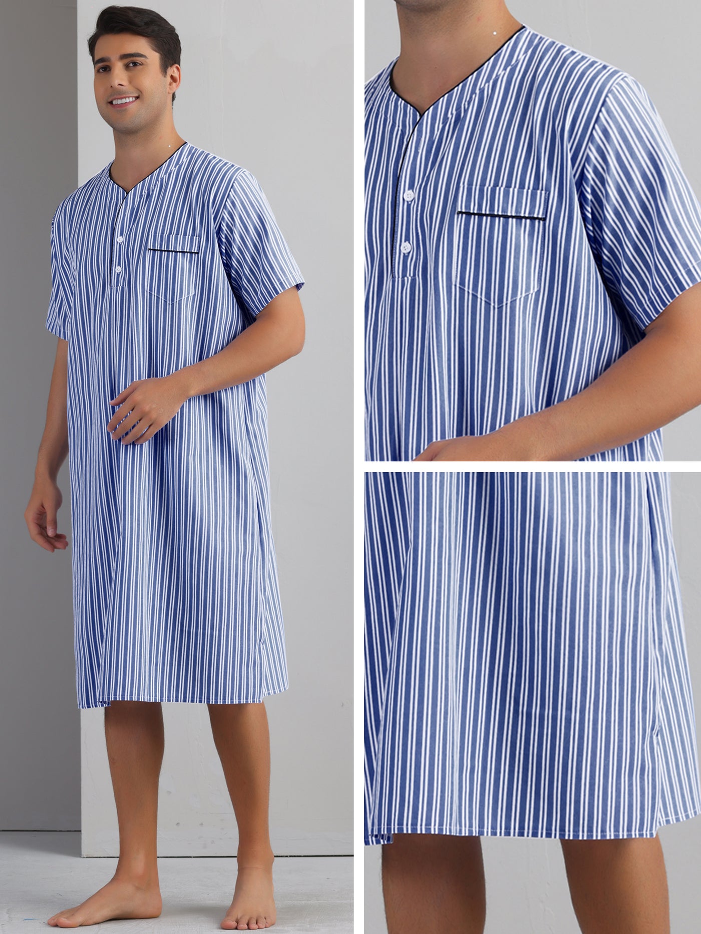 Bublédon Striped Nightshirts for Men's Short Sleeve Button Down Sleep Shirts V-Neck Stripes Nightgown